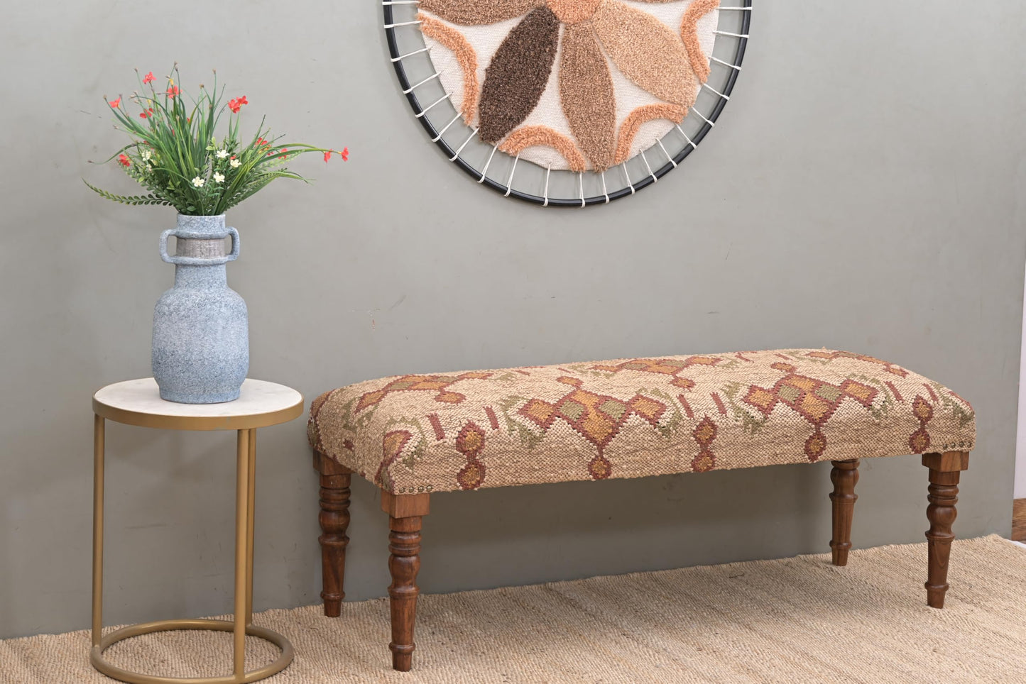 NATURAL FURNISH Acacia Wood Kilim Jute Fabric Upholstered Bench with Geometric Pattern | Wooden Ottoman with Turned KD Legs for Living Room, Bedroom, End of Bed, Hallway & Entryway (Beige and Rust)