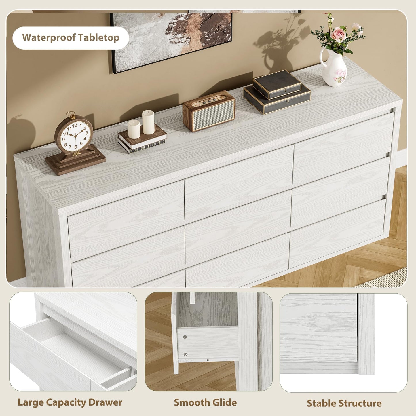GarveeLife Wooden Dressers with 9 Drawers for Bedroom - White Chest of Drawers for Living Room - Large Modern 9-Drawer Dresser