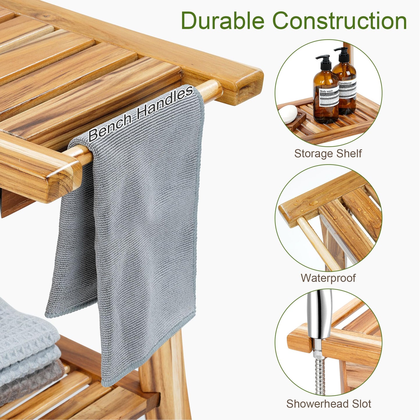 Jekruiet 24" Solid Teak Shower Bench with Towel Bar & Storage Shelf - Waterproof Bath Stool with Fixed Non-Slip Feet, 300lbs Capacity
