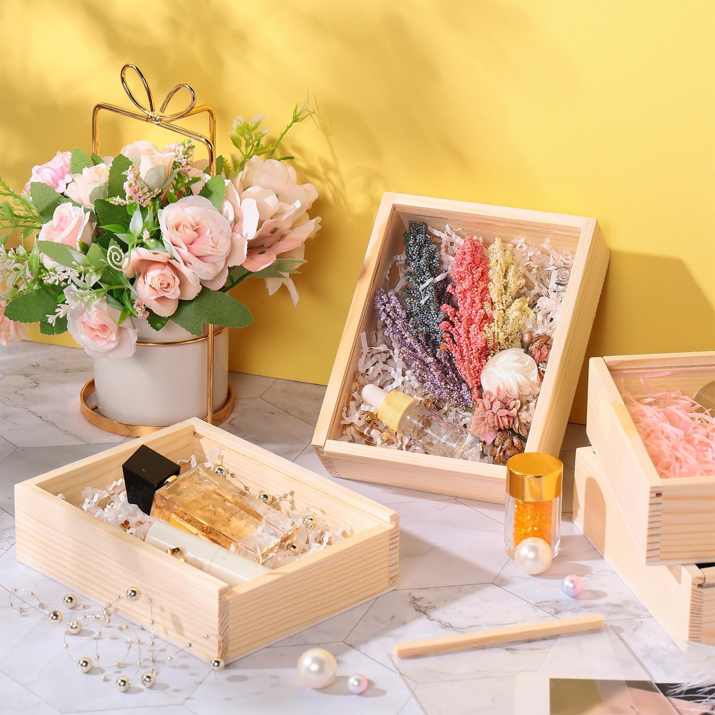 Thyle 48 Pcs Unfinished Wood Display Boxes with Acrylic Lids 6.3 x 4.9 x 1.8 Inch Unfinished Wood Boxes Crafts Gift for Flower DIY Wedding Party Favor Supplies