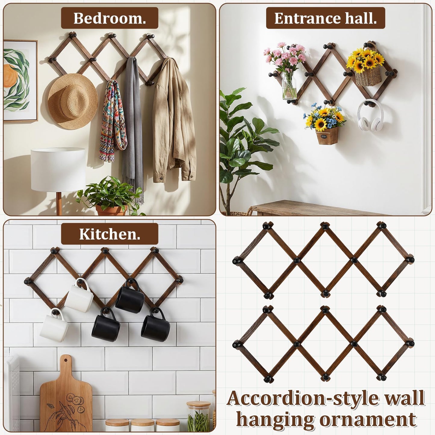 Lyksgir 4 Pcs Accordion Wall Hanger, Wooden Expandable Wall Mounted Hanger, Expandable Coat Rack, X Shape Coat Hooks for Hat, Coats, Coffee Mugs, Scarf, Including 40 Pegs with 8 Adhesive Hook (Brown)