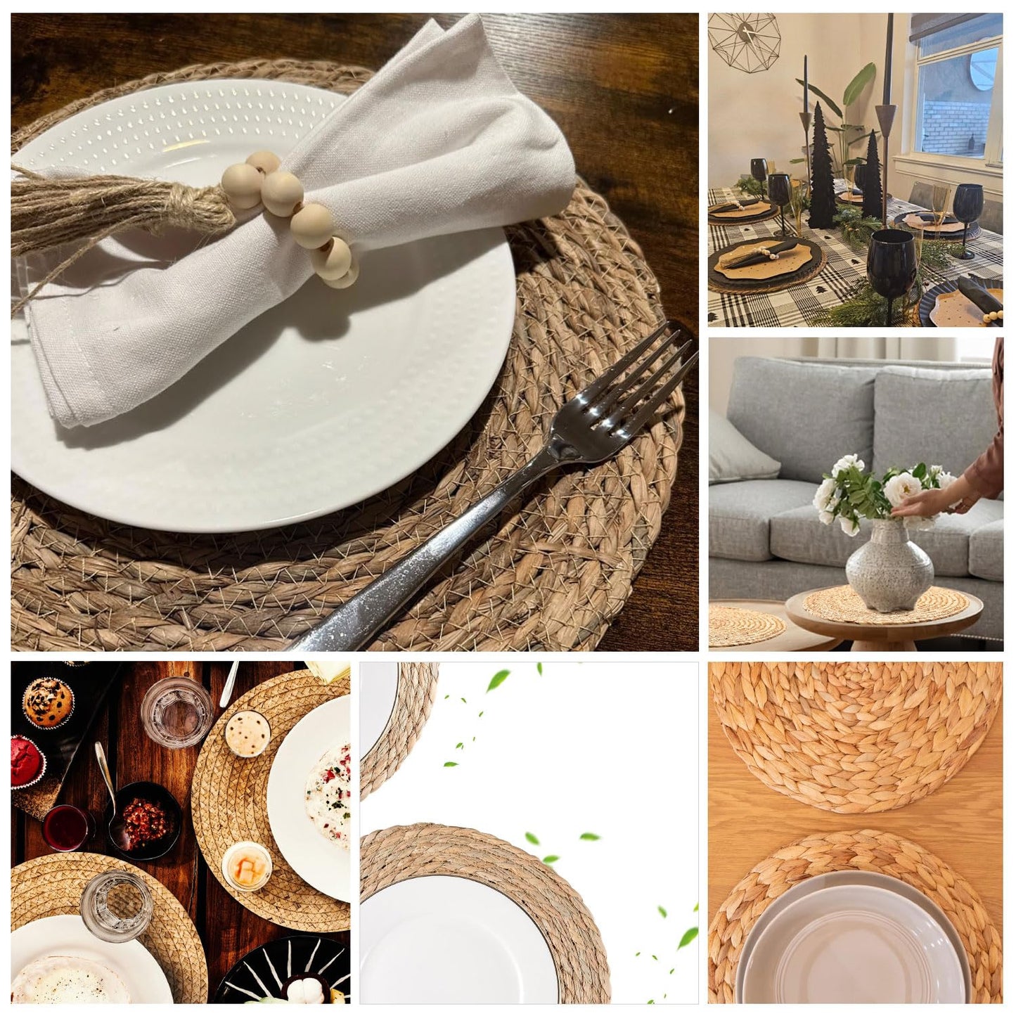 LIANJINGDENG Woven Placemats Set of 6, 13.8 Inch Round Natural Water Hyacinth Rattan Placemats with Wooden Beads Napkin Rings for Farmhouse Dining Table Decor, Thanksgiving Halloween Christmas