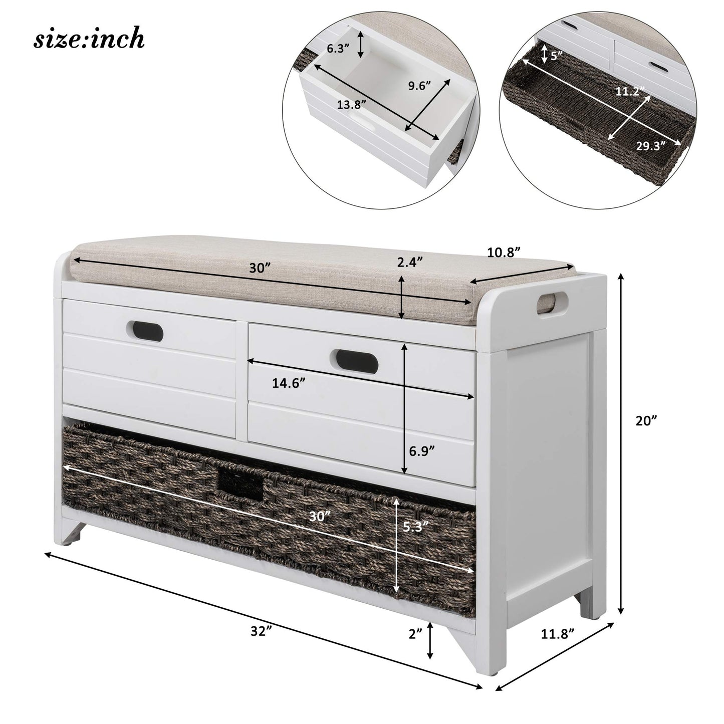 Merax White Classic Wood Entryway Bench with 2 Drawers, Large Rattan Basket and Removeable Seat Cushion for Hallway Front Door, Type 5