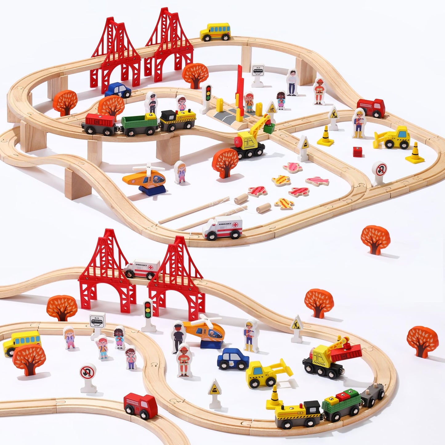 KiToyWod 100 Pcs Wooden Train Track Set, Toy Train with Tracks for Kids Ages 3-10, Compatible with Major Brands, Railway Playset for Boys and Girls Birthday Gift