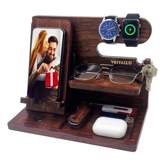 VEIYAILU Gifts for Men Women Brother Boss Boyfriend Him Nightstand Organizer Gifts for Dad from Daughter Son Wood Phone Docking Station (Dark Brown)