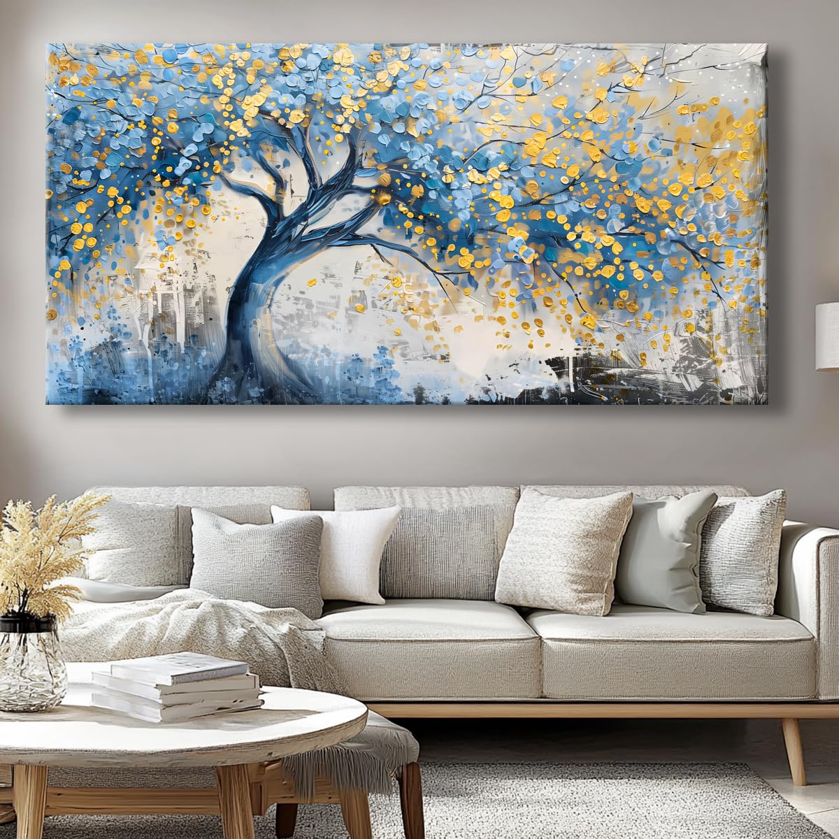 Wall Art Tree of blue Life Abstract Canvas Painting Textured Picture, Modern Landscape Artwork Framed for Living Room Bedroom Bathroom Office Home Decor 48x24in