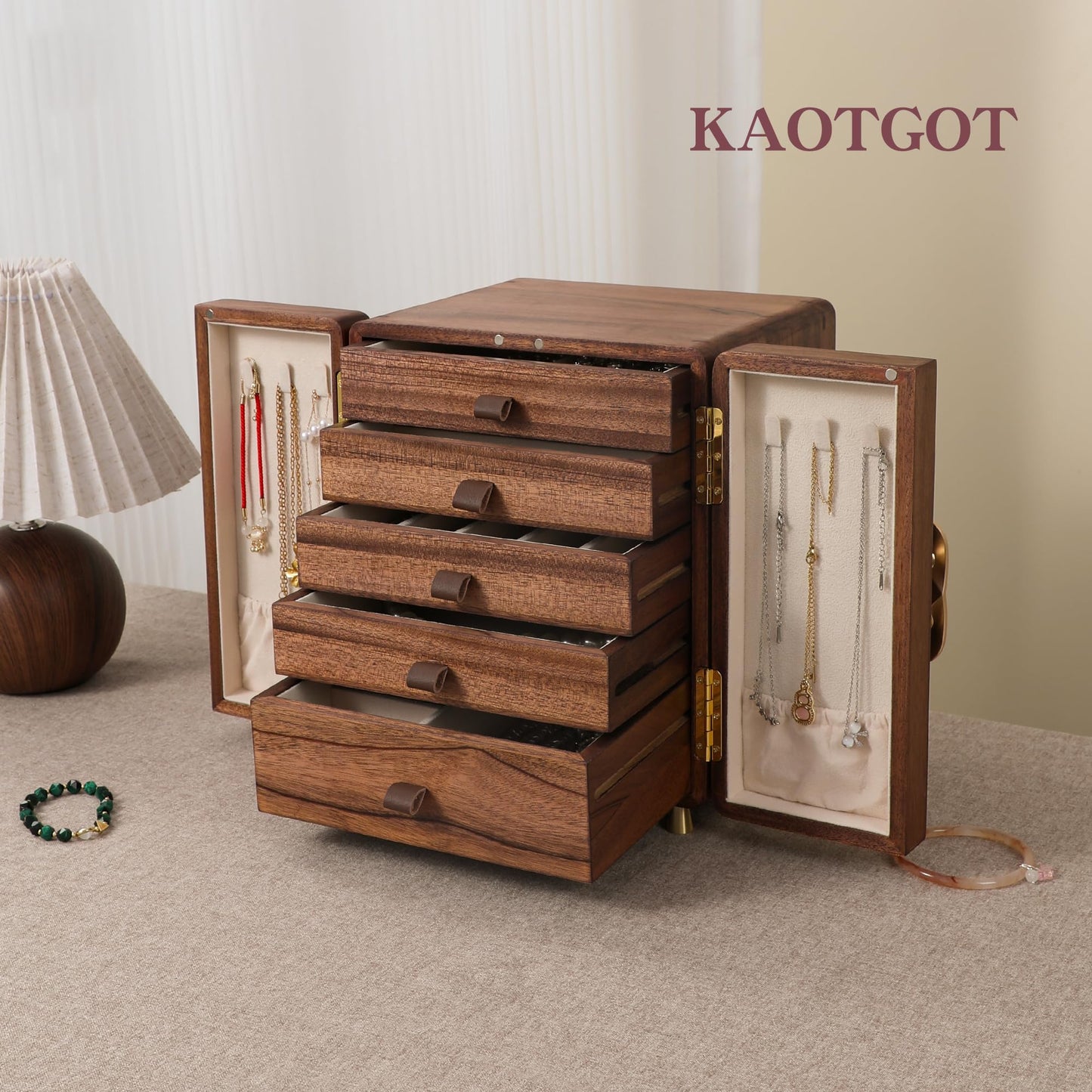 KAOTGOT Jewelry Box for Women Girls, Wooden Jewelry Box Organizer Functional With Drawers, 5 Layers Jewelry Storage Organizer for Earring, Ring, Necklace, Bracelets