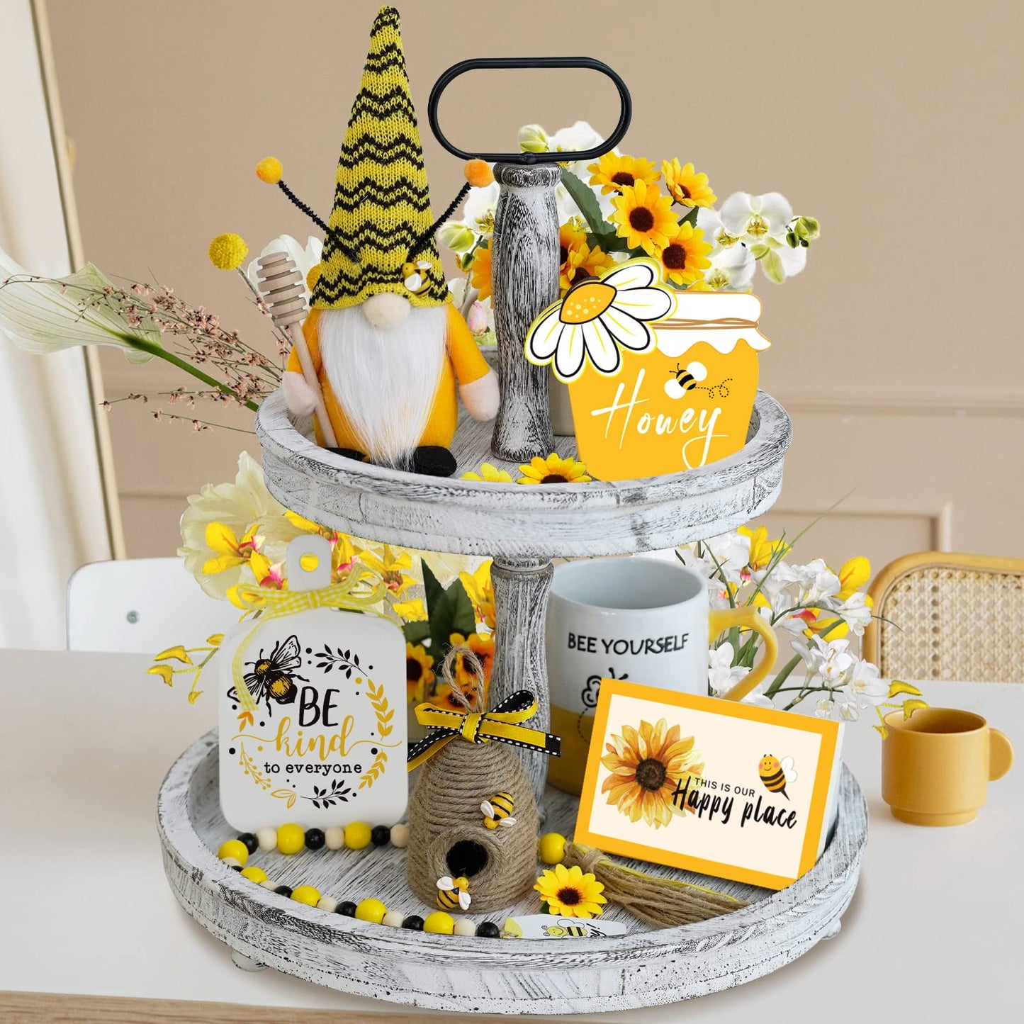 KnomeKo Bee Tiered Tray Decor Set, 6 Pcs Summer Farmhouse Decor with Gnome, Bee Hive, Sunflower Wood Signs & Garland, Rustic Countertop Kitchen Coffee Bar Decorations