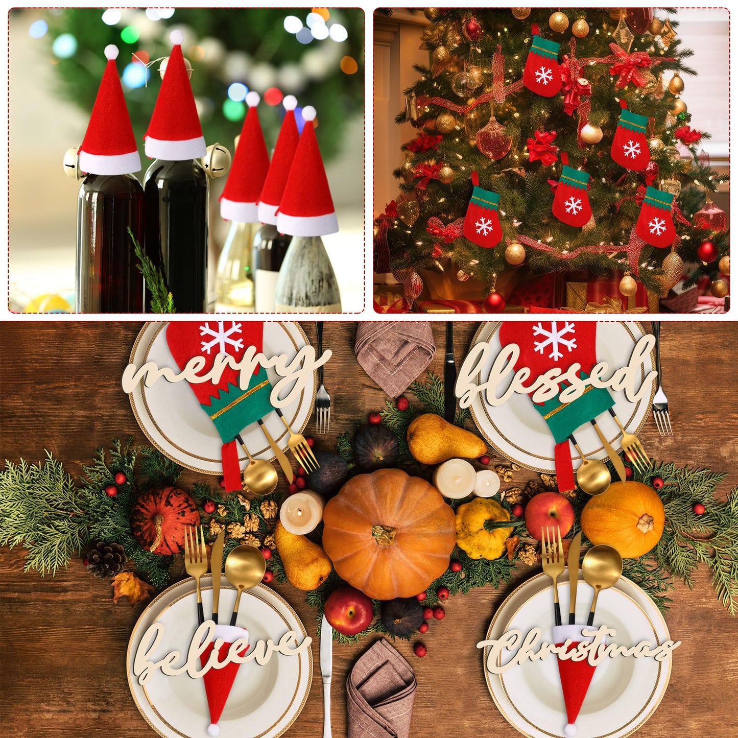 Geetery 24 Set Christmas Cutlery Tableware Holders Christmas Santa Hats Silverware Holders Christmas Socks Silverware Holders and Wooden Cutout Letter Signs for Party Dinner Table Decorations