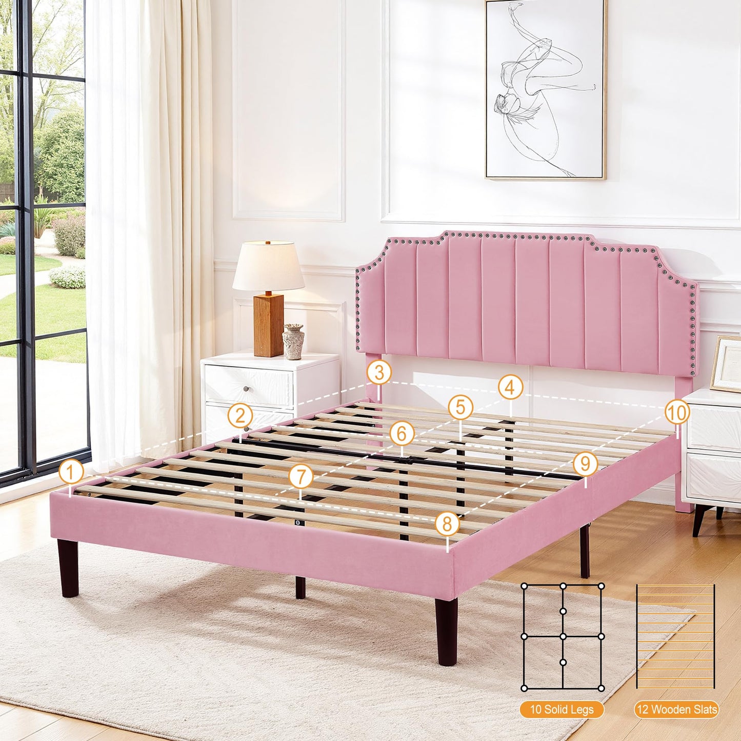 VECELO Full Velvet Upholstered Platform Bed Frame with 4 Rollers Storage Drawers,Full Size Bed with Tufted Height Adjustable Headboard,Wooden Slats/No Box Spring Needed/Easy Assembly