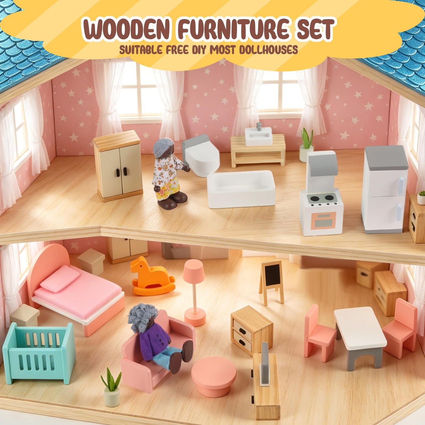 Wooden Dollhouse Furniture Set，Miniature Doll Furniture Accessories with 5 Rooms,for Kitchen, Living Room, Bedroom, Bathroom, Babyroom,Pretend Play Furniture for Toddlers 3 4 5 6 Years Old