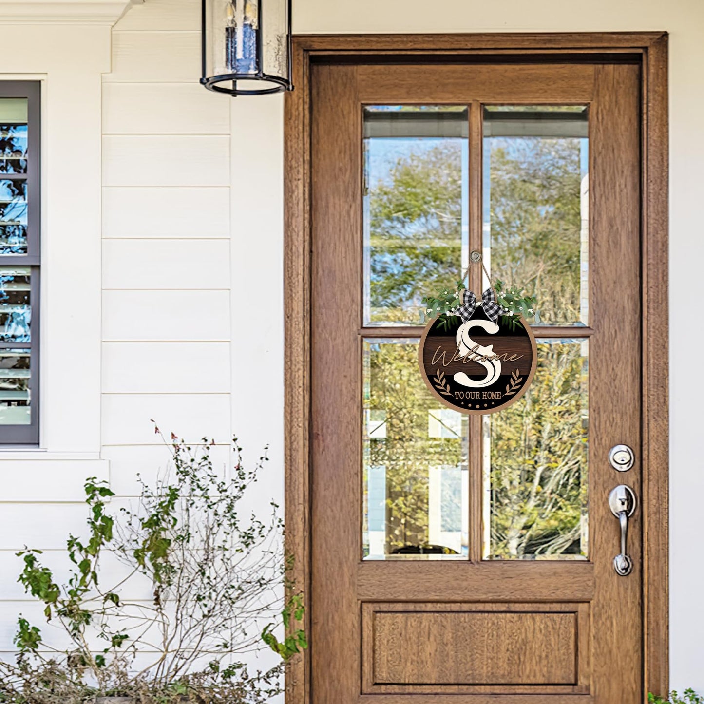Bolisom Monogram Letter S Front Door Sign, Welcome to Our Home Family Last Name Initial Wooden Hanger Decor Housewarming Wedding Gifts, Farmhouse Rustic Wreath Indoor Wall Hanging Decoration with Bow