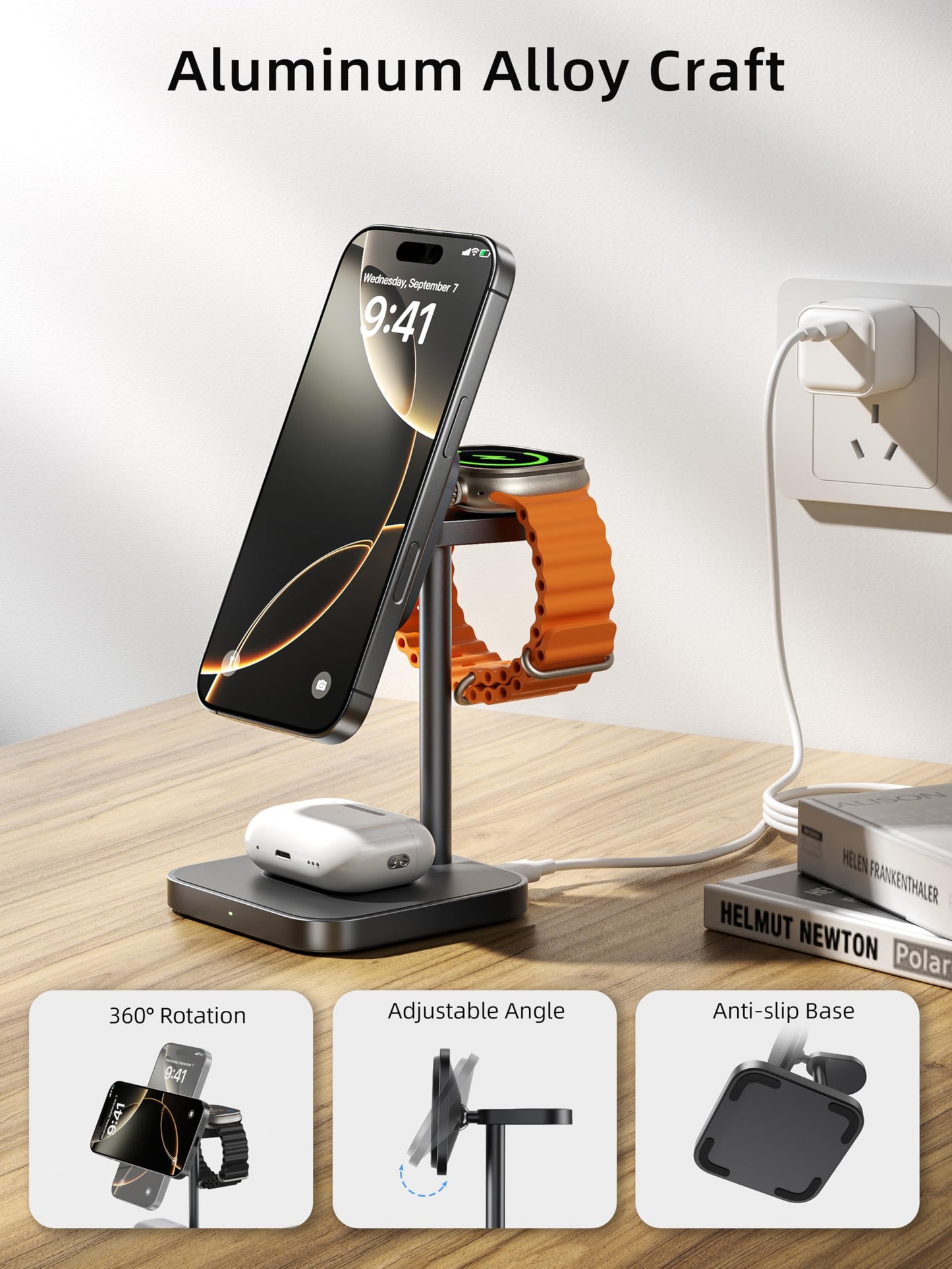 [Qi2 Certified ] LULULOOK 3 in 1 Charging Station, 15W QI2 Wireless Charger Stand Magnetic Charger for iPhone 17/16/15/14/13/12 Series, AirPods Pro/3/4, Apple Watch with 30W PD Adapter