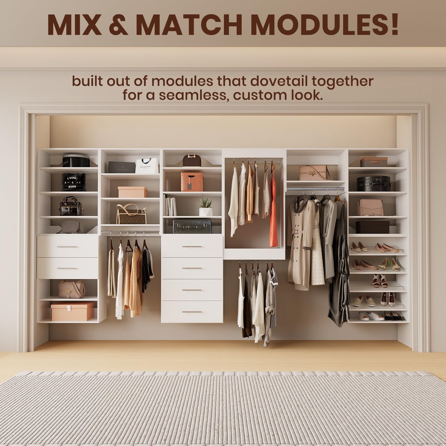 ROOMTEC 31.5" 4 Drawer Short Tower Closet Unit, Modular Closet System with Drawers and Shelf, Wardrobe Organizer for Bedroom or Walk-in Closet, Wall Mounted, Customizable Clothes Storage Unit, White