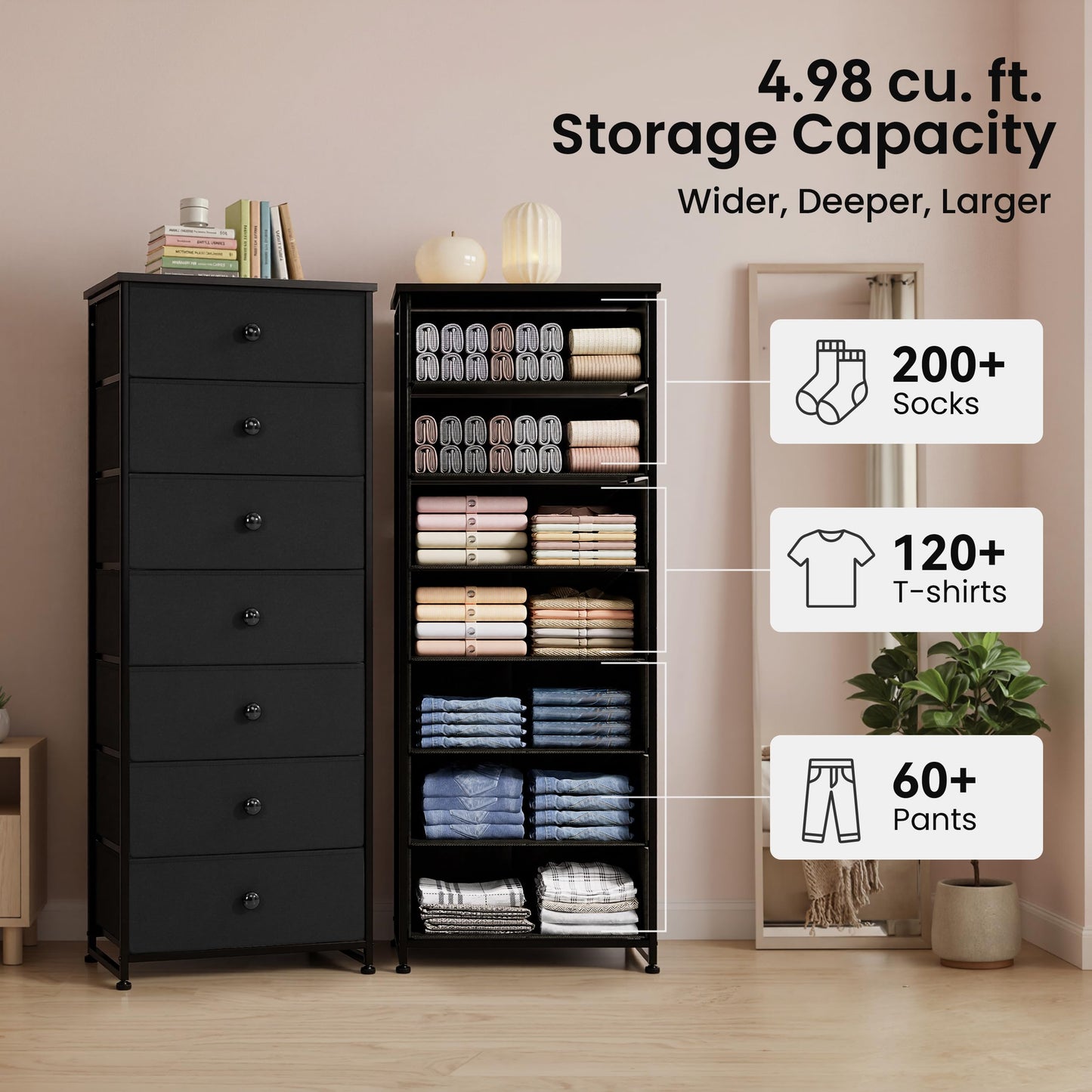 Crestlive Products Tall Dresser, 7-Drawer Fabric Storage Tower, Chests of Drawers - Vertical Organizer Unit for Bedroom, Hallway, Entryway, Nursery, Closets - Steel Frame, Wood Top & Handles (Black)