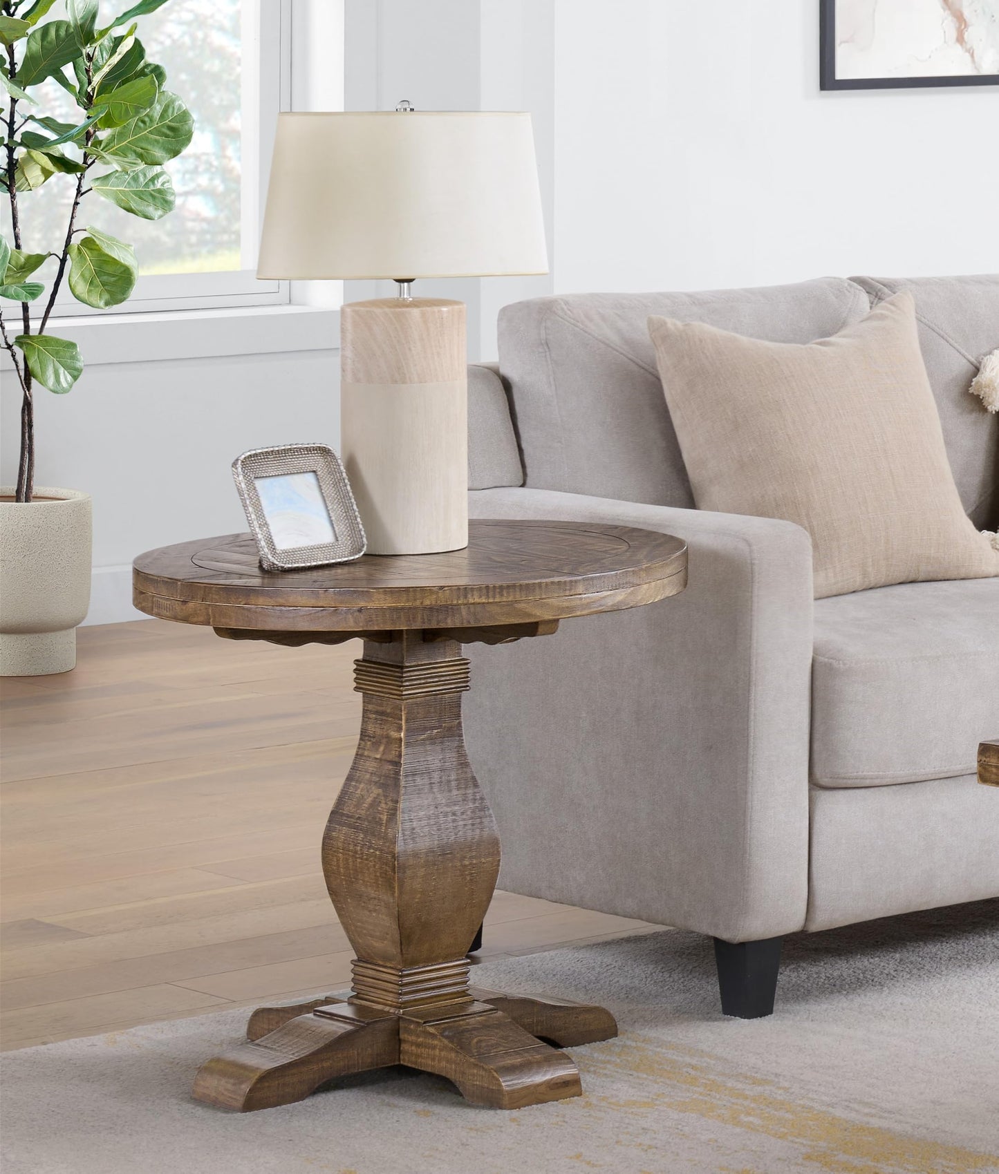 Napa Solid Wood Farmhouse Rustic Round End Side Living Room Table, Nightstand 26" W x 26" D x 25" H