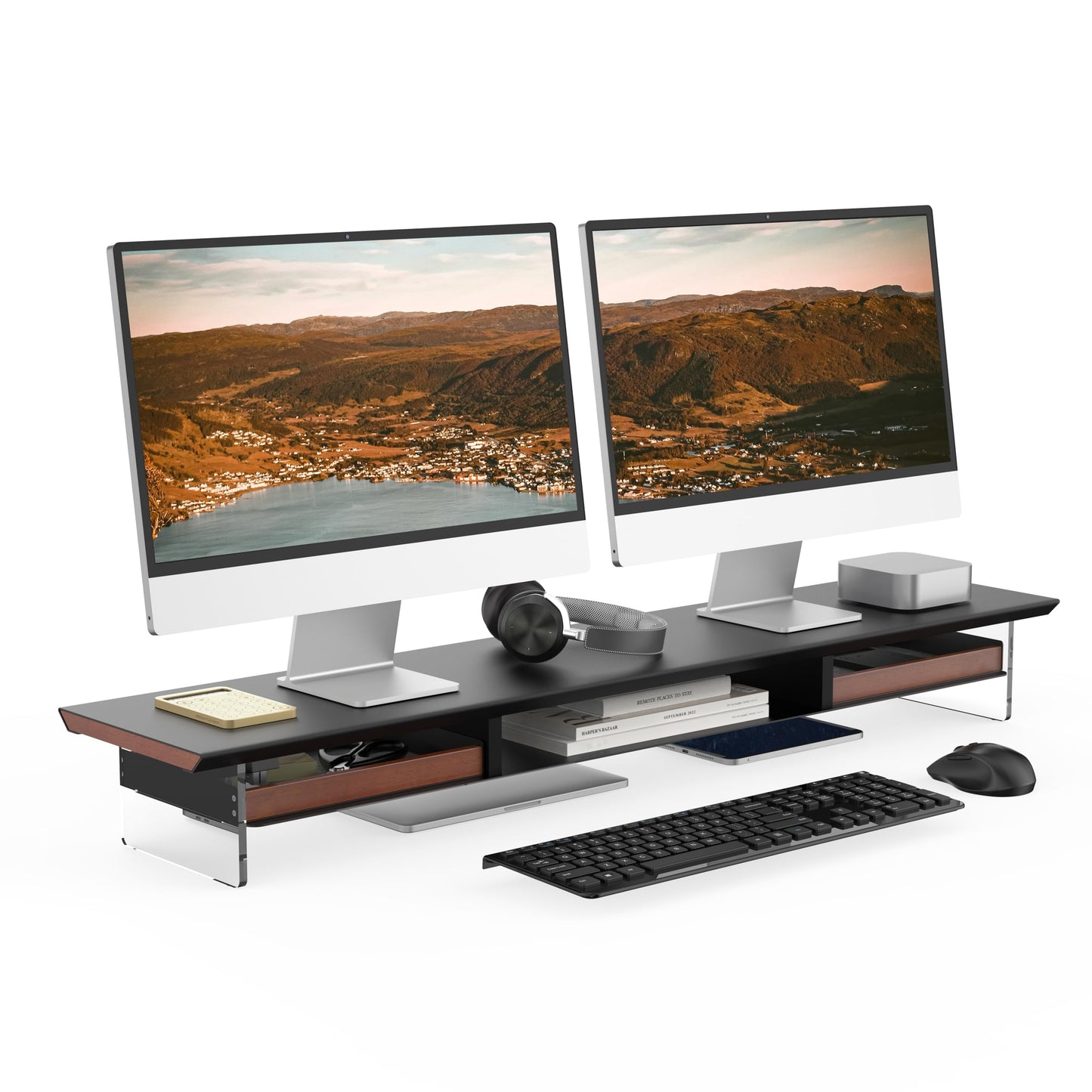 Fenge 42.5” Dual Monitor Stand Riser with 2 Felt-Lined Drawers, Aesthetic Metal and Wood Monitor Shelf with Acrylic Legs, 2-Tier Desk Organizer for 2 Monitors, Laptop, Printer, TV, Black