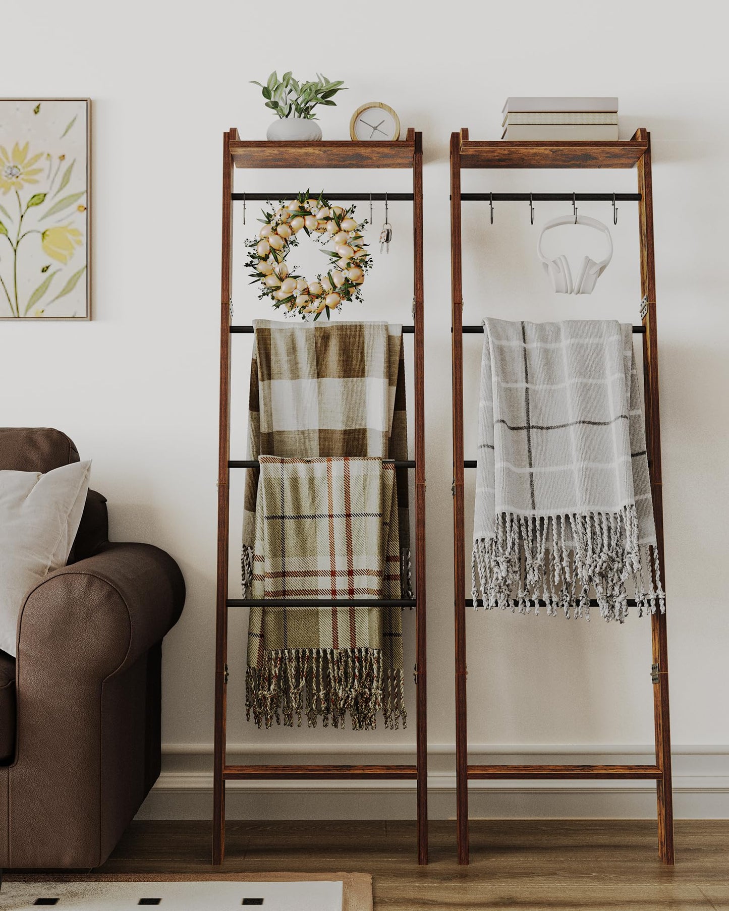 Hzuaneri Blanket Ladder Shelf, Decorative Quilt Rack, 6-Tier Farmhouse Ladder Holder Organizer with 4 Removable Hooks 7.9" D x 17.3" W x 63.4" H, Rustic Brown BR35801B