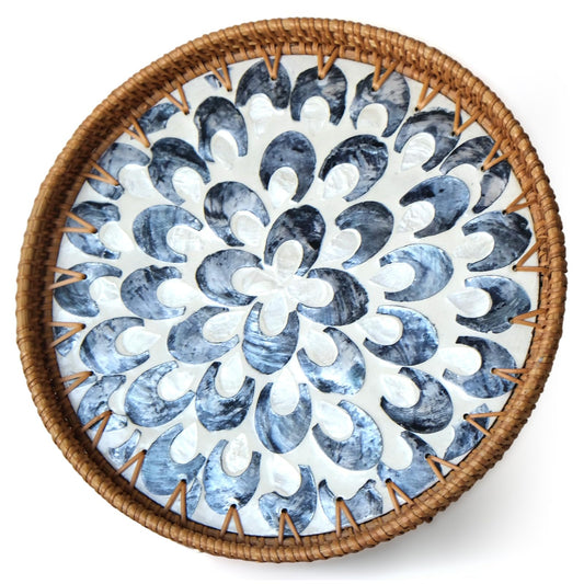 Decorative Round Rattan Tray with Mother of Pearl Inlay & Wooden Base for Table Decor, Home Decor, Boho Decor, Food Display & Storage - Perfect for Coffee Bread, Fruits & More (Plume Design)
