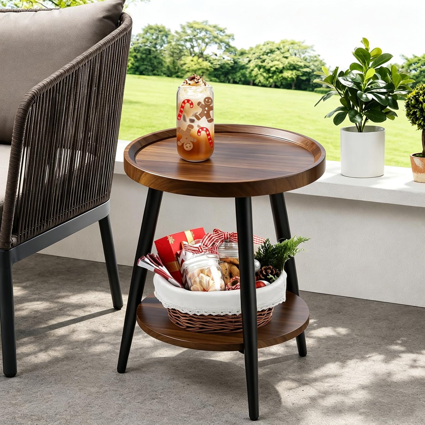 FANTERSI Small Round Side Table, 2-Tier Mid Century Modern Side Table, Round End Table Small End Table for Living Room, Metal Frames, Brown