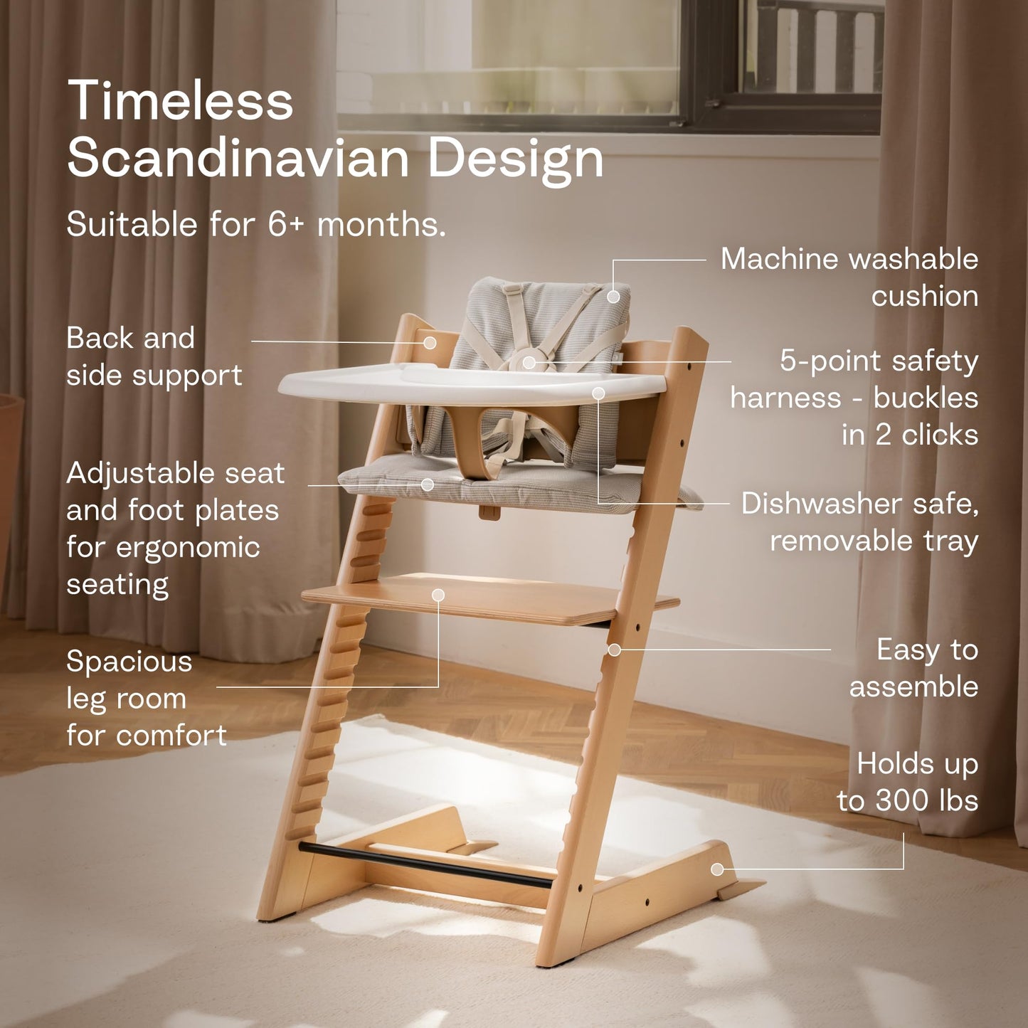 Stokke Tripp Trapp High Chair 2 (Natural), Cushion 2 (Nordic Grey) + Stokke Tray (White) - Includes Chair + Baby Set with Removable Harness for Children 6-36 Months