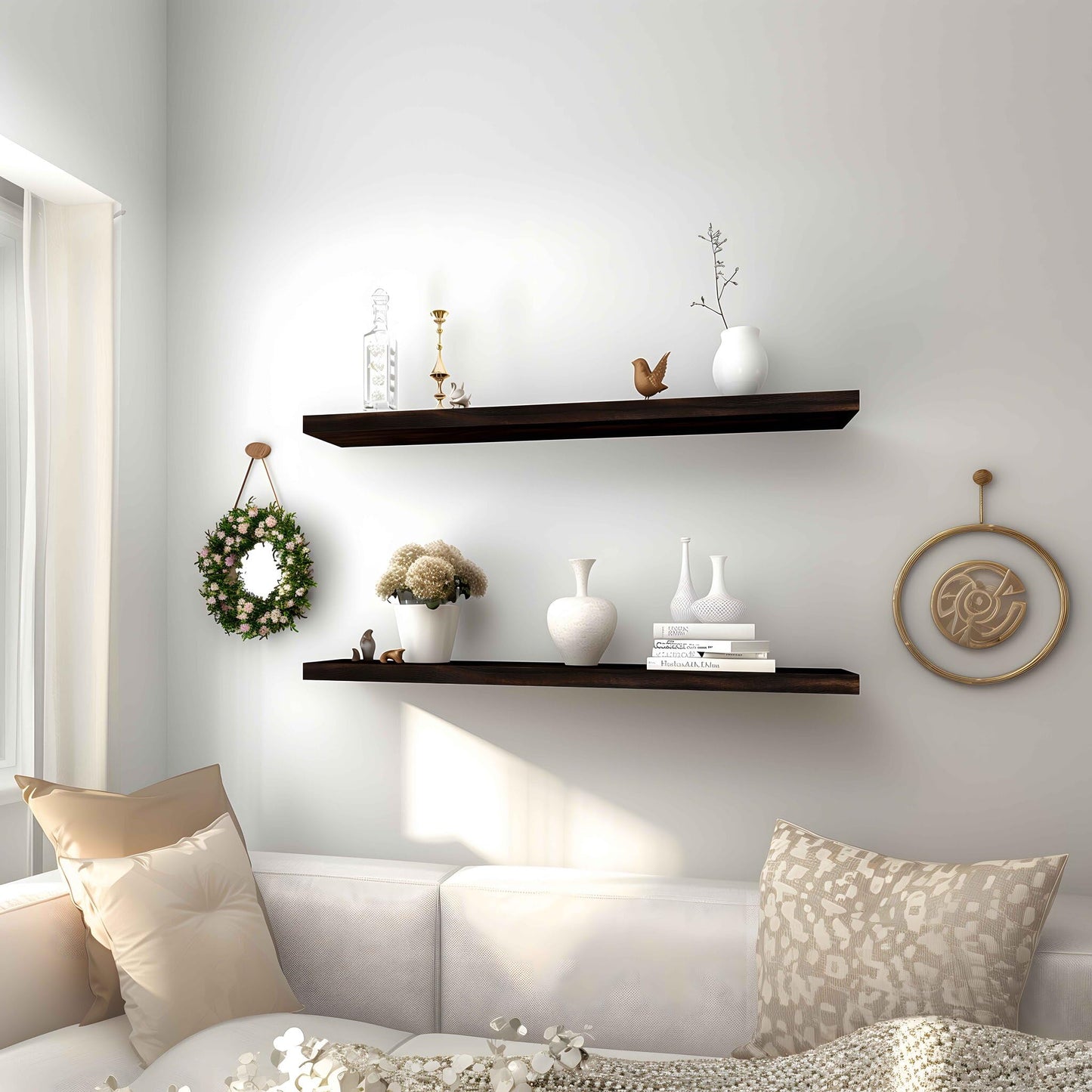 PHPH 36 Inch Wood Floating Shelves for Wall, Wooden Wall Shelves for Bedroom, Set of 4 Brown