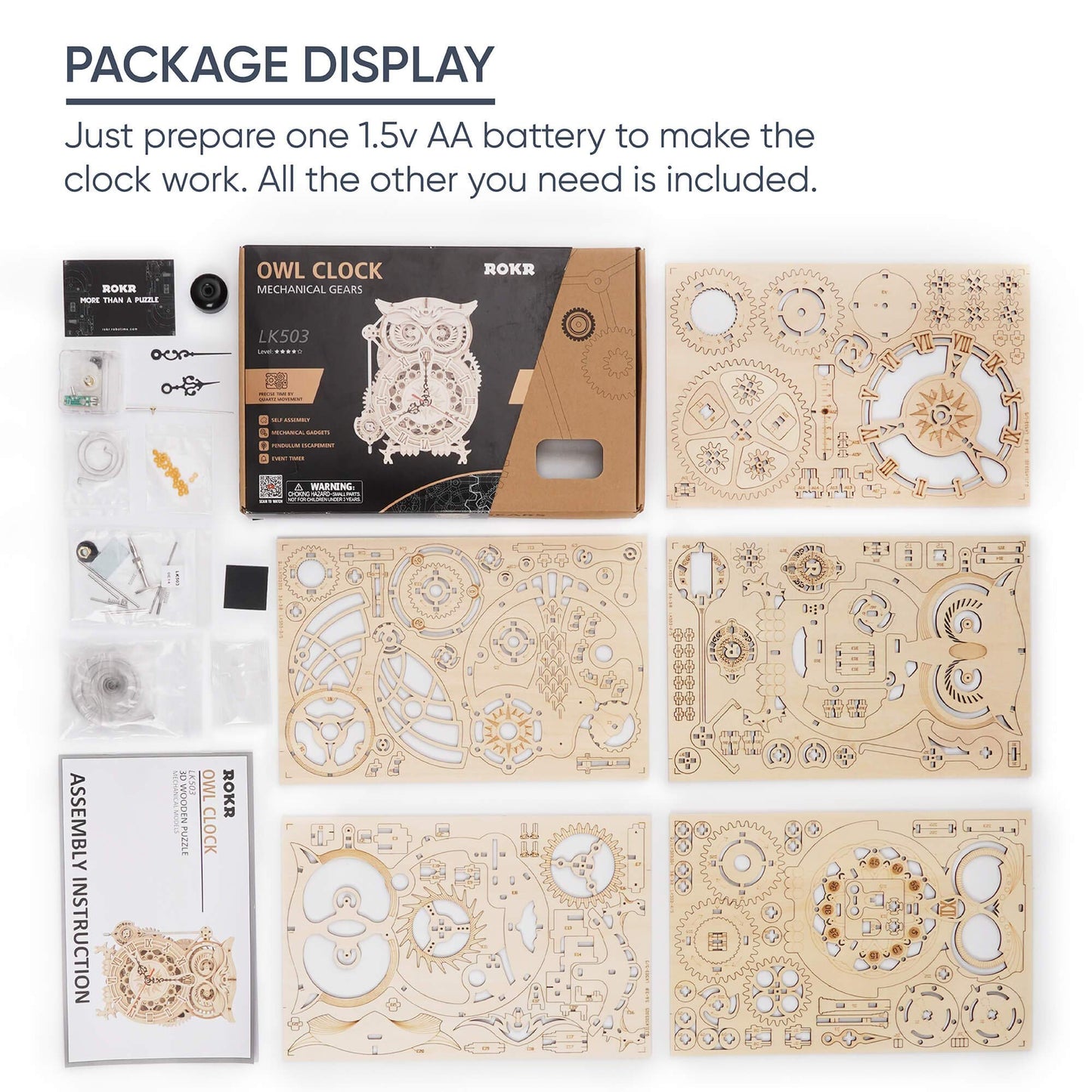 ROKR 3D Wooden Puzzles for Adults Mechanical Clock Kits - Owl Clock, DIY Model Building Kits Educational Brain Teaser Puzzles, Crafts/Hobbies/Gifts Desk Decor for Teens