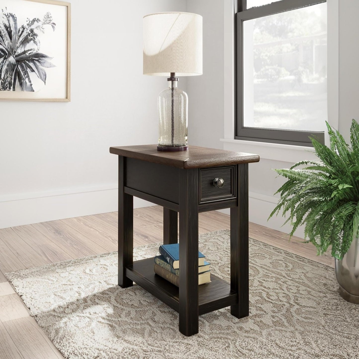 Signature Design by Ashley Narrow Side Table with Charging Station, Tyler Creek Chairside End Table, Wood, Smooth-Gliding Storage Drawer, Living Room Furniture, Grayish Brown/Black