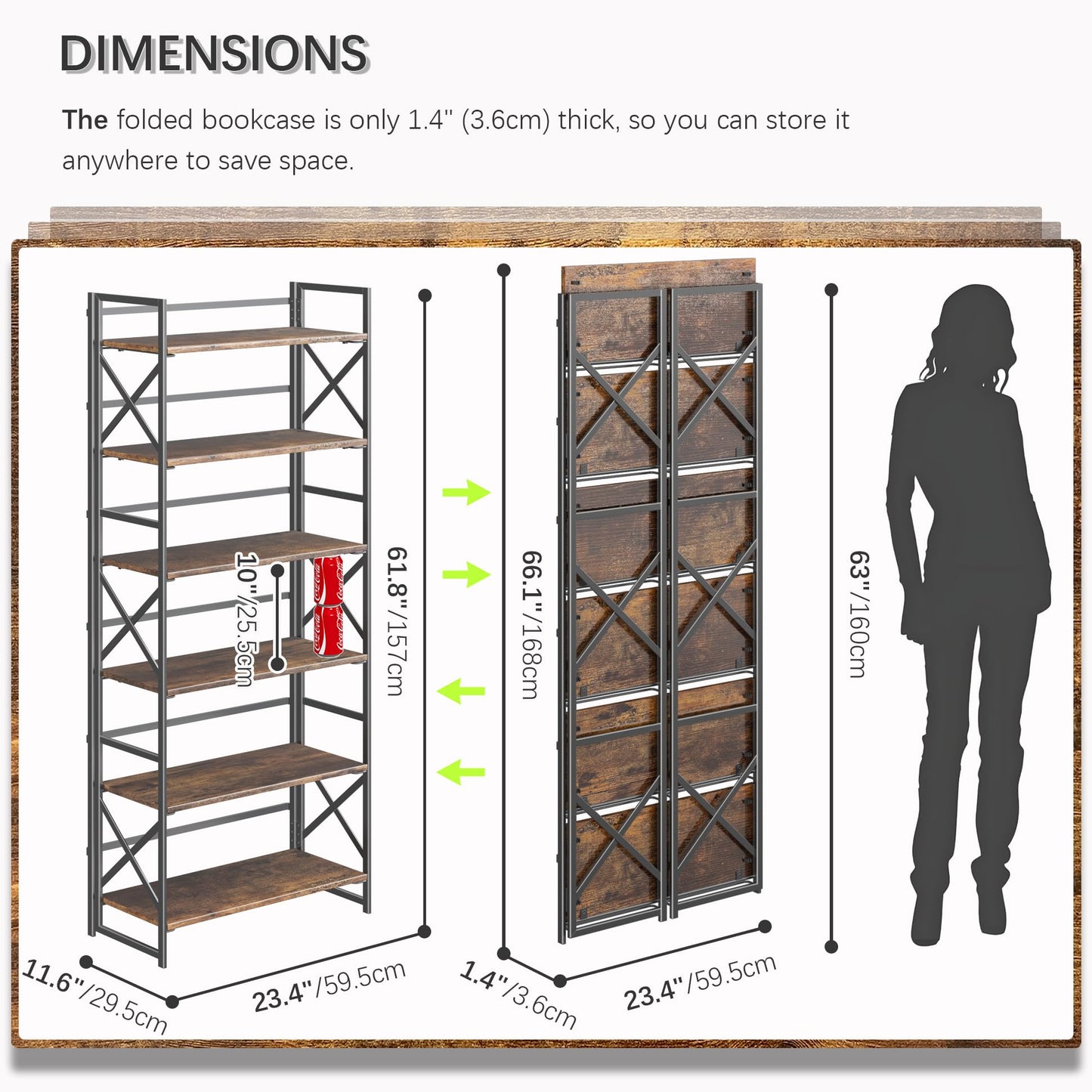 4NM 6 Tiers No Assembly Book Shelves, 61.8" H Folding Bookshelf Bookcase Open Industrial Foldable Shelves for Bedroom, Living Room, Home Office - Rustic Brown Black