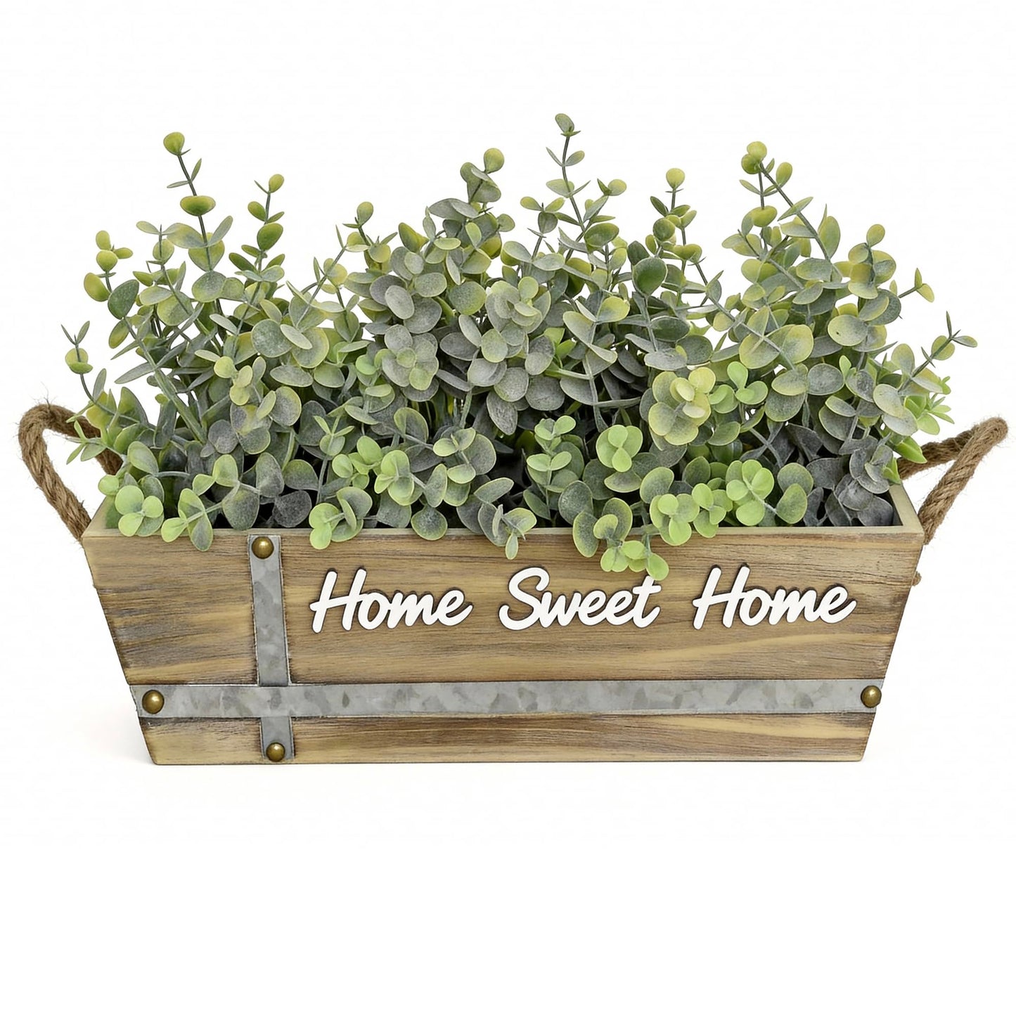 hopeme Artificial Eucalyptus Table Centerpiece in Wooden Box, Faux Greenery Arrangement with “Home Sweet Home” Sign, Jute Rope Handles, Farmhouse Rustic Home Décor