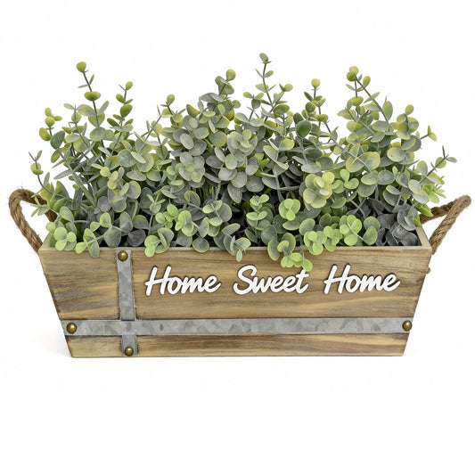 hopeme Artificial Eucalyptus Table Centerpiece in Wooden Box, Faux Greenery Arrangement with “Home Sweet Home” Sign, Jute Rope Handles, Farmhouse Rustic Home Décor