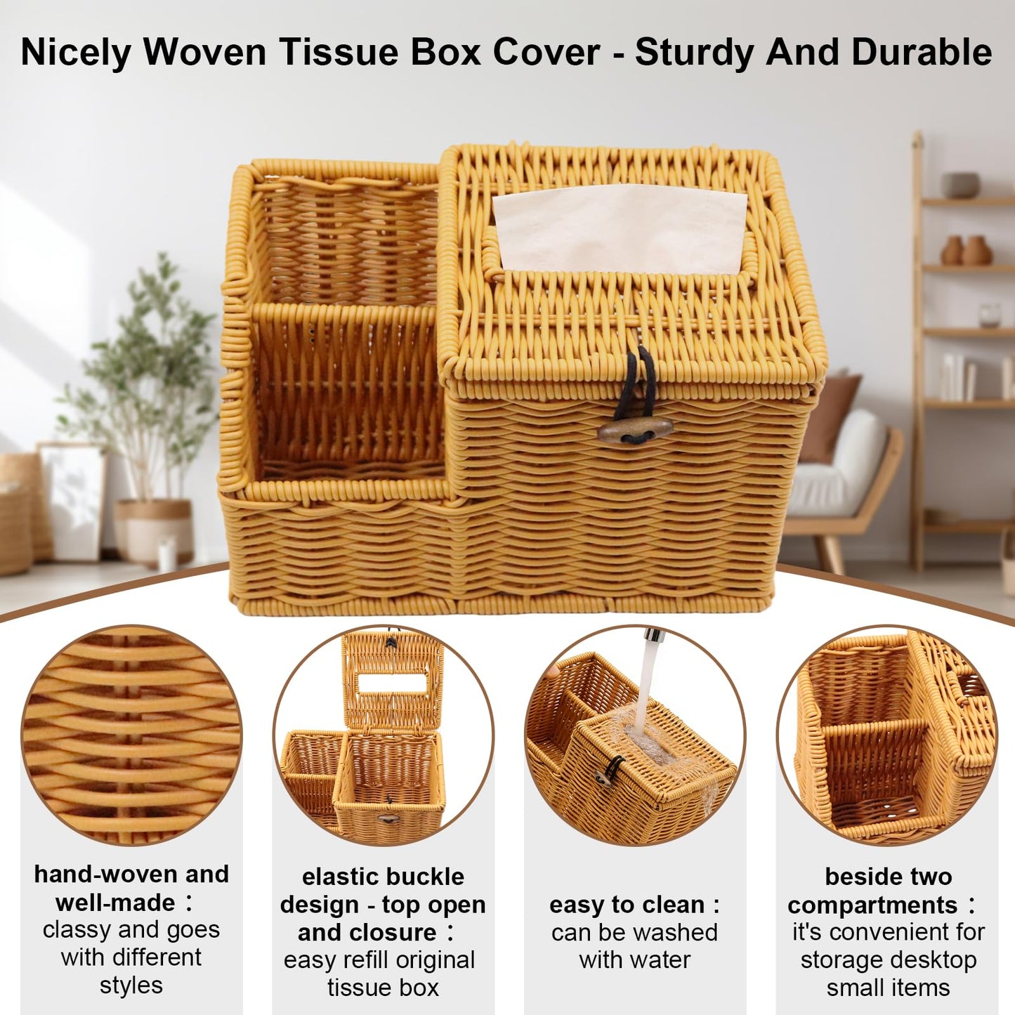 Square Tissue Box Cover with Storage, Multifunction Cube Tissue Box Holder, Farmhouse Wicker Remote Control Nightstand Organizer Caddy for Bathroom, Home, Office Decor, Kitchen Countertop