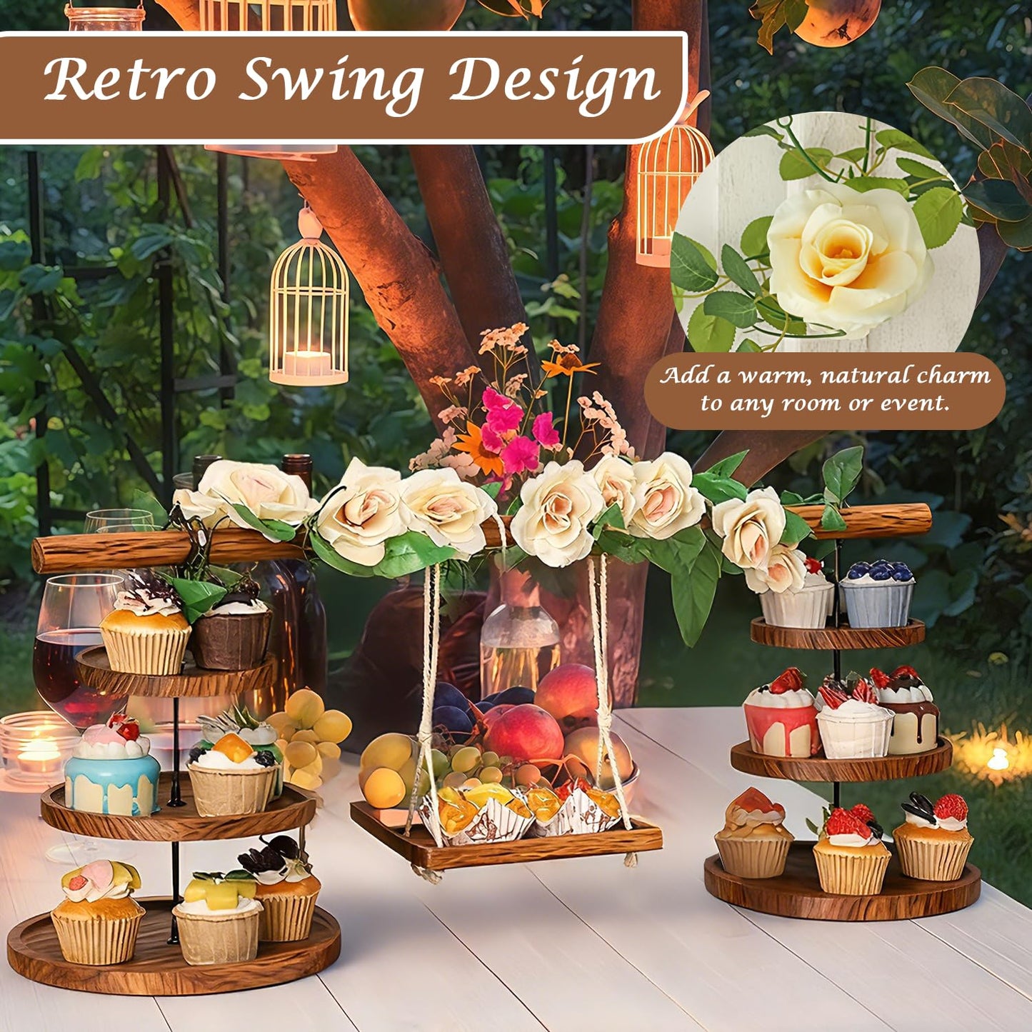 Wooden 3 Tier Cupcake Stand with Swing and Rose Vines Decor, Dessert Table Display Set Removable Serving Tray Cupcake Tower Centerpiece for Tea Party Birthday Baby Shower Wedding