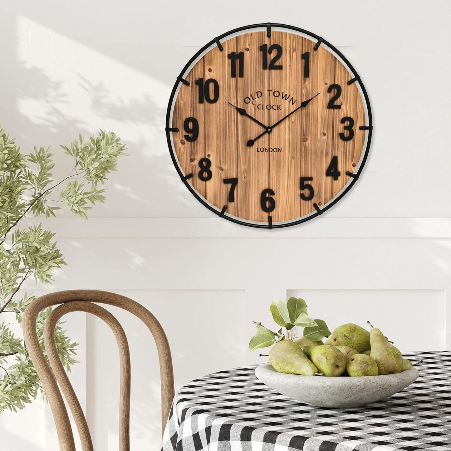 MICWIC 20 Inch Farmhouse Wall Clock Large Old Town Vintage Rustic Wooden Clock with Metal Rim and Large Numerals, Silent Battery-Operated for Office, Kitchen, Bedroom, and Living Room