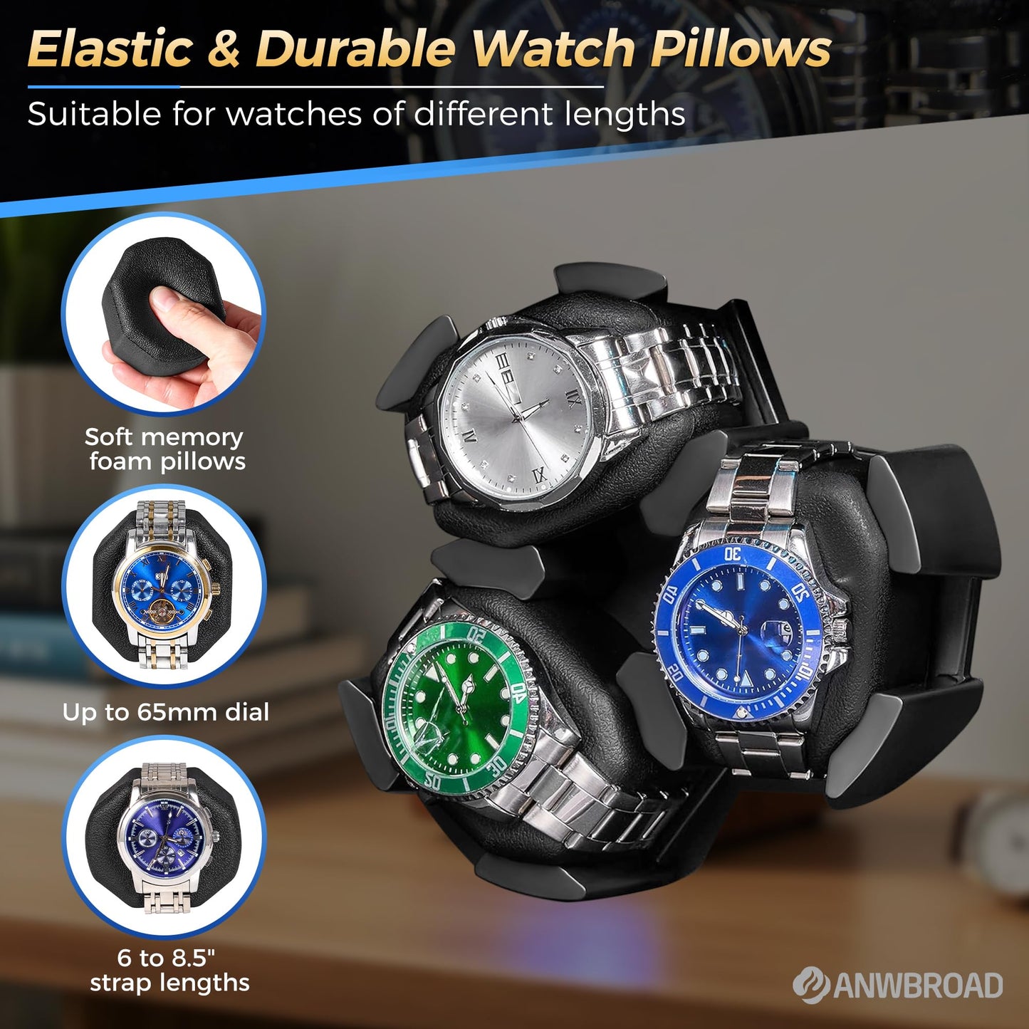ANWBROAD Watch Winder 6 with LED and Super Quiet Motor 4 Rotating Modes Watches Winder box Watch Shaker with Type-C Adapter UJWW003A