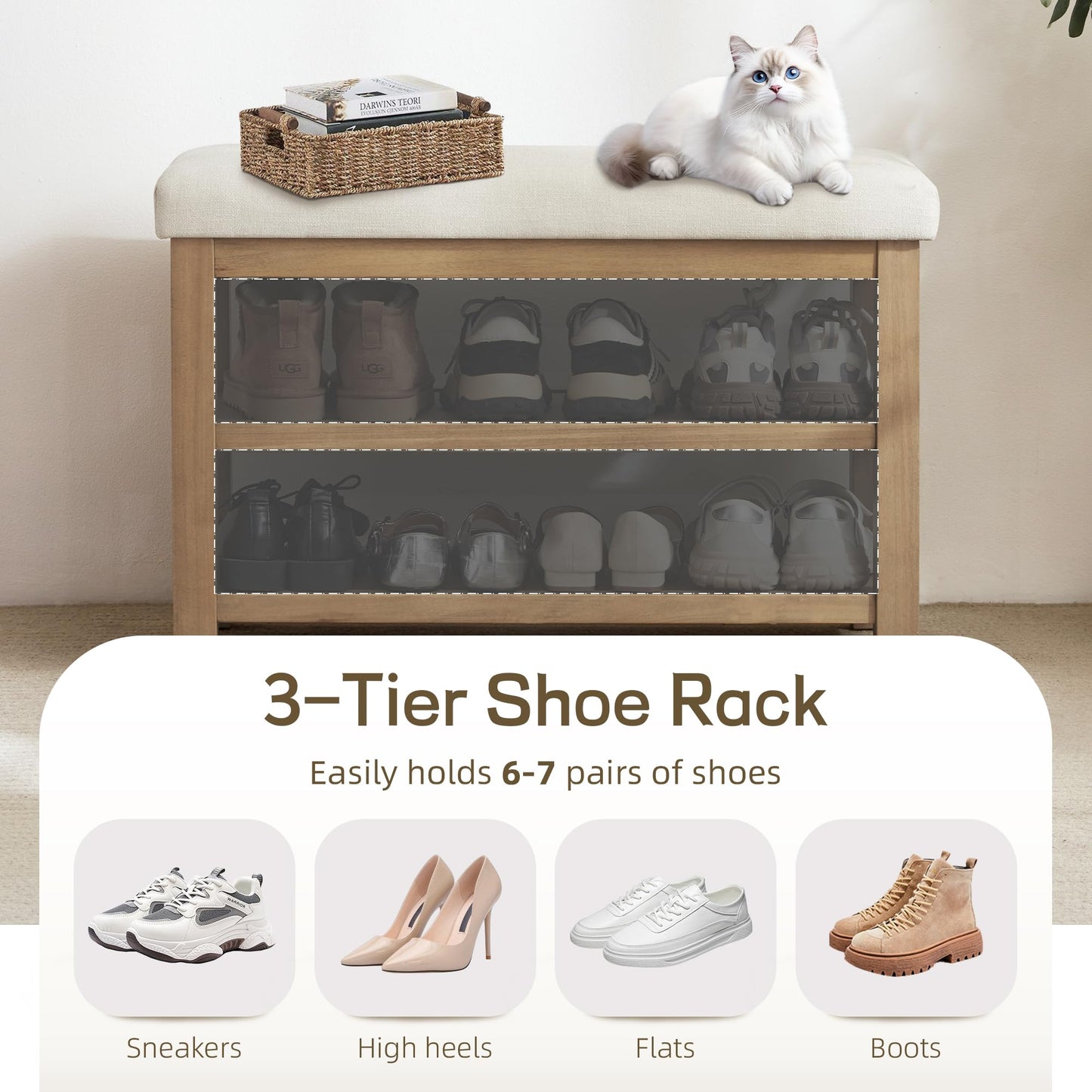 Zihanhome 2 Tier Shoe Rack Bench with Cushion, Solid Wood Shoe Benches, Mid-Century Modern Shoe Storage Bench for Entryway, Hallway, Living Room, Closet, Front Door Entrance, (Beige, 31.5")