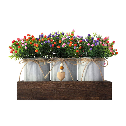 CALAVAK Decorative Centerpiece Wooden Tray with 3 Metal Potted Artificial Milan Flowers Rustic Country Farmhouse Décor for Dining Room, Living Room and Kitchen Table