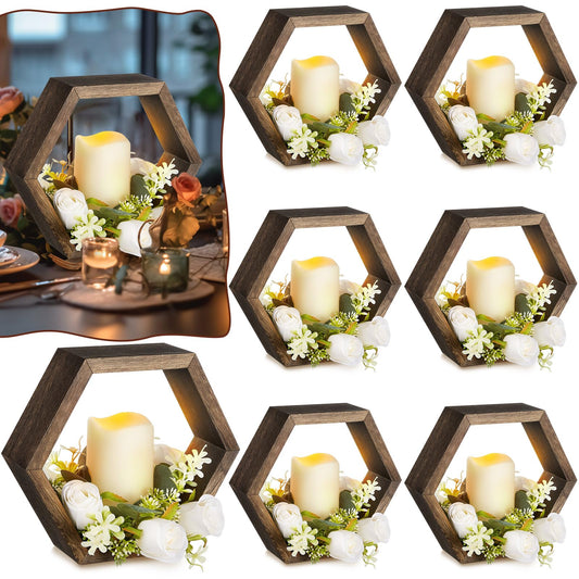 Colingmill 16 Pcs Wooden Candle Lantern Set Includes 8 Rustic Wedding Centerpieces for Table Decorative Candle Lanterns and 8 Flameless Decorative LED Candles for Wedding, Dark Brown, Hexagon