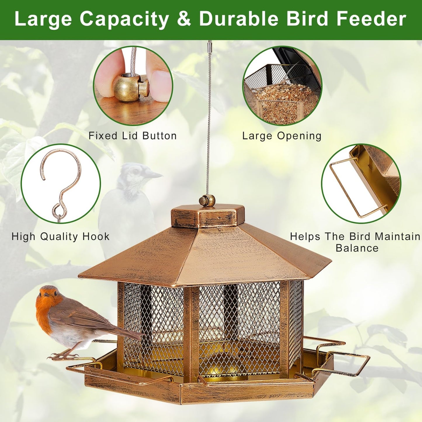 Metal Bird Feeder for Outdoor Hanging, 7.4LB Large Capacity, Garden Decoration - Attracts Wild Birds, Durable Outdoor Bird Feeding Station for Garden Yard Outside Backyard (Extra Large Gold)