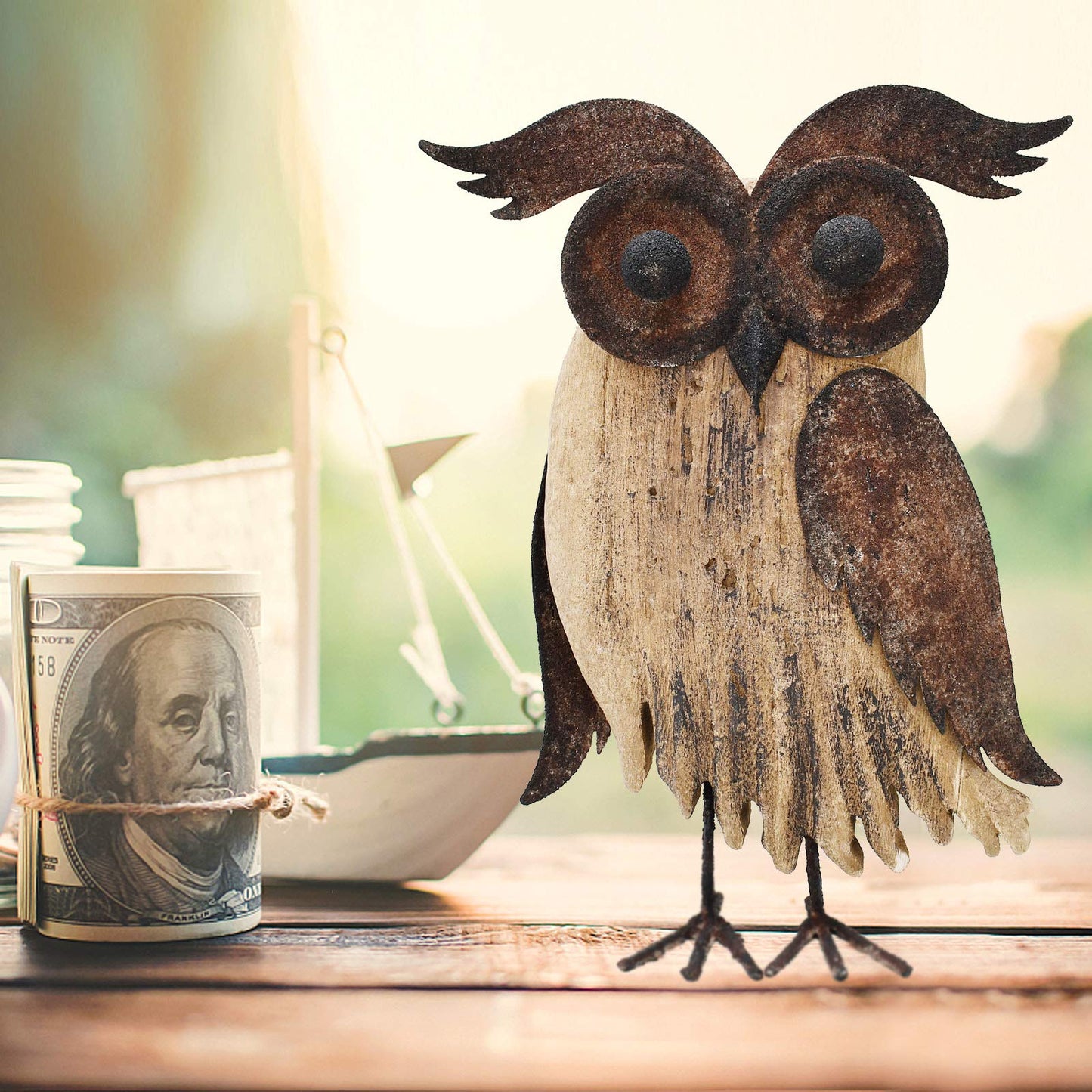 K KILIPES Rustic Owl Decorations - Metal & Wood Owl Figurines (8.5" H) for Home Tabletop Ornaments & Collectibles