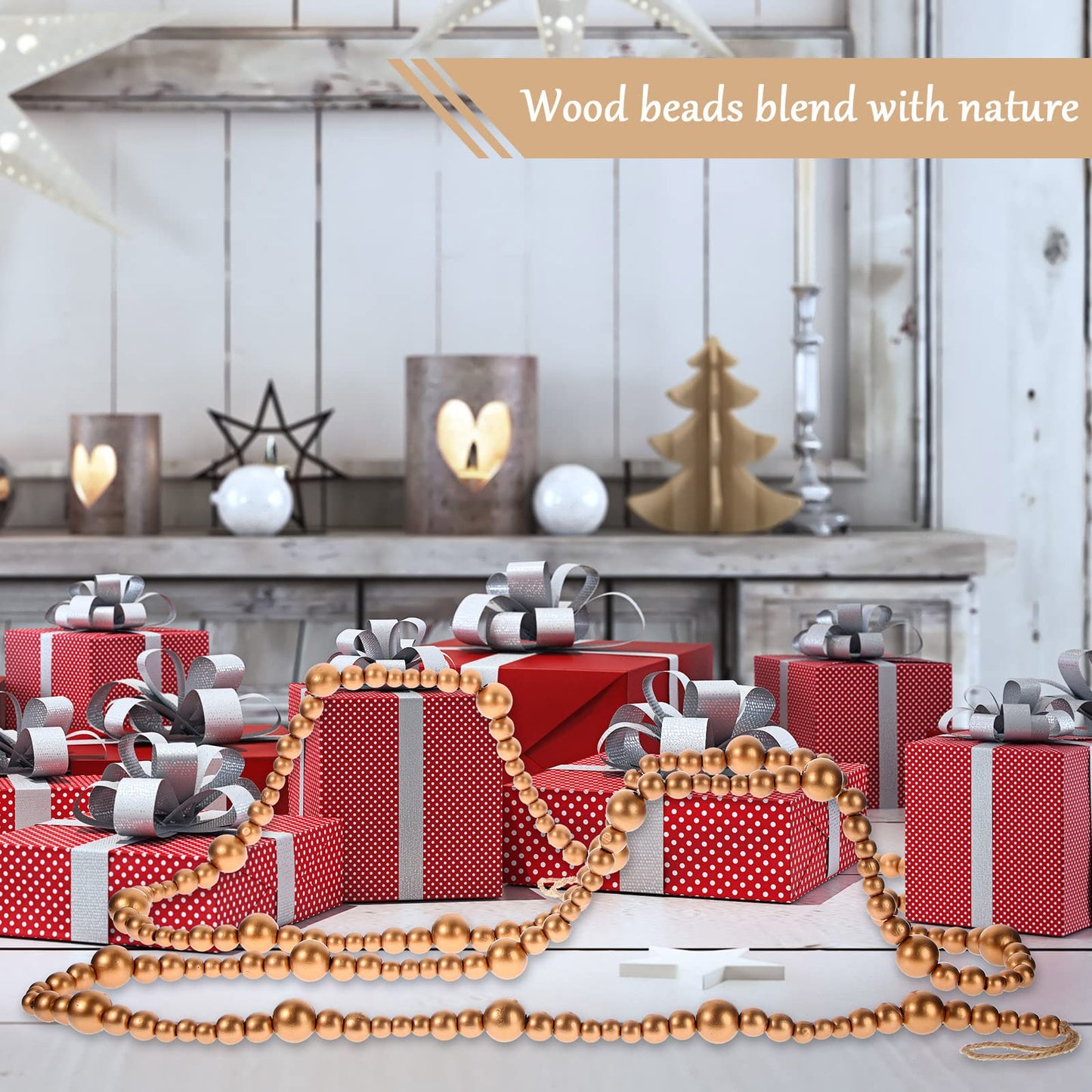 Boao 20 Feet Christmas Wooden Beads Garland Gold Christmas Tree Garland Wall Hanging Prayer Beads for Holiday Home Rustic Farmhouse Natural Boho Decor