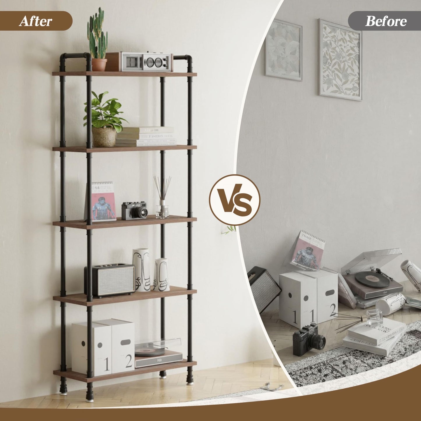 Anynice Industrial Bookshelf, Rustic Open Bookcase, 5 Tier Wood and Metal Bookshelf, Solid Pine Wood and Iron Pipe Tall Narrow Storage Shelf for Living Room Bedroom Office Kitchen