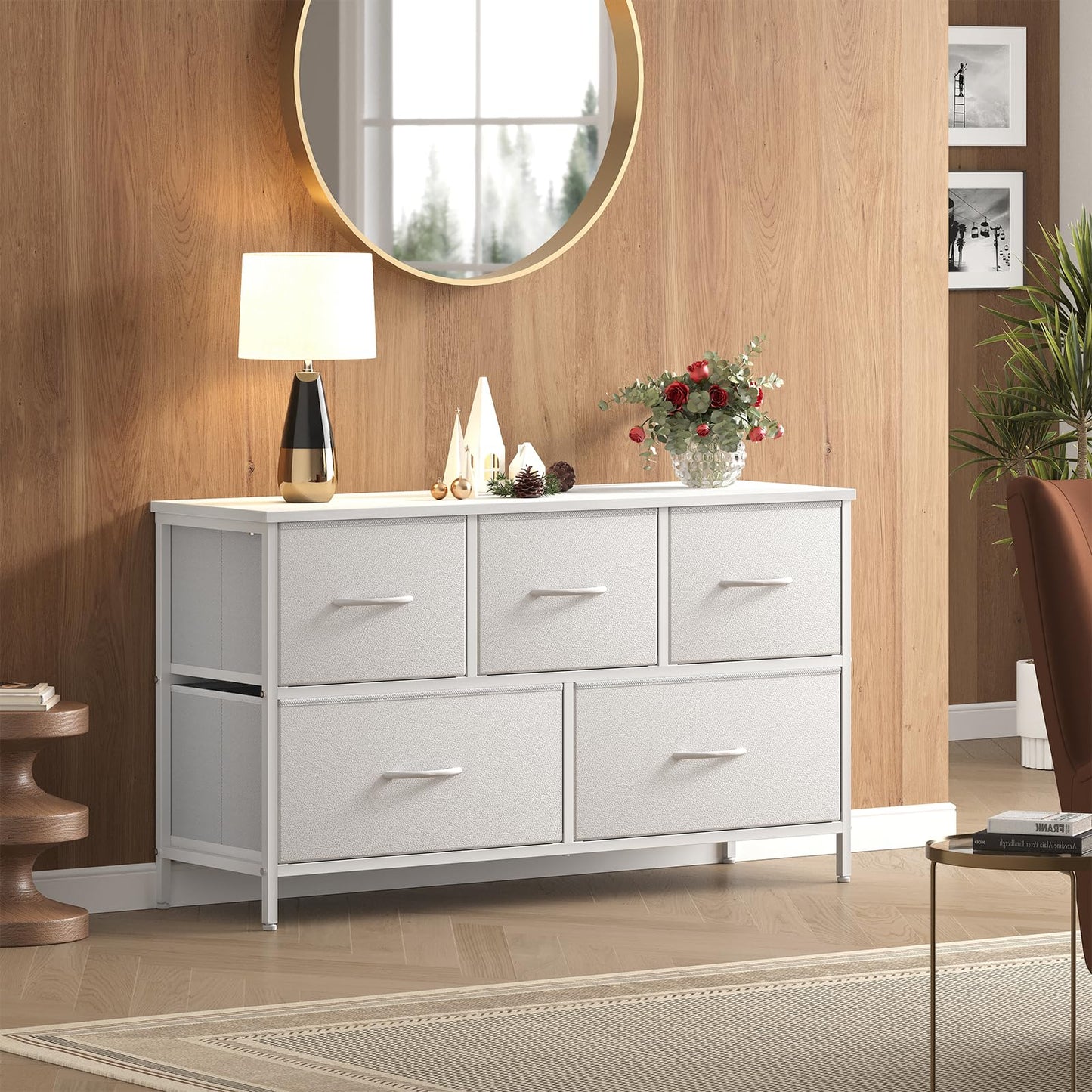 OLIXIS Dresser for Bedroom with 5 Drawers, Wide Chest of Drawers, Fabric Bedroom Dresser with Drawer Organizers, Storage Organizer Unit with Fabric Bins for Closet, Living Room, Hallway,White