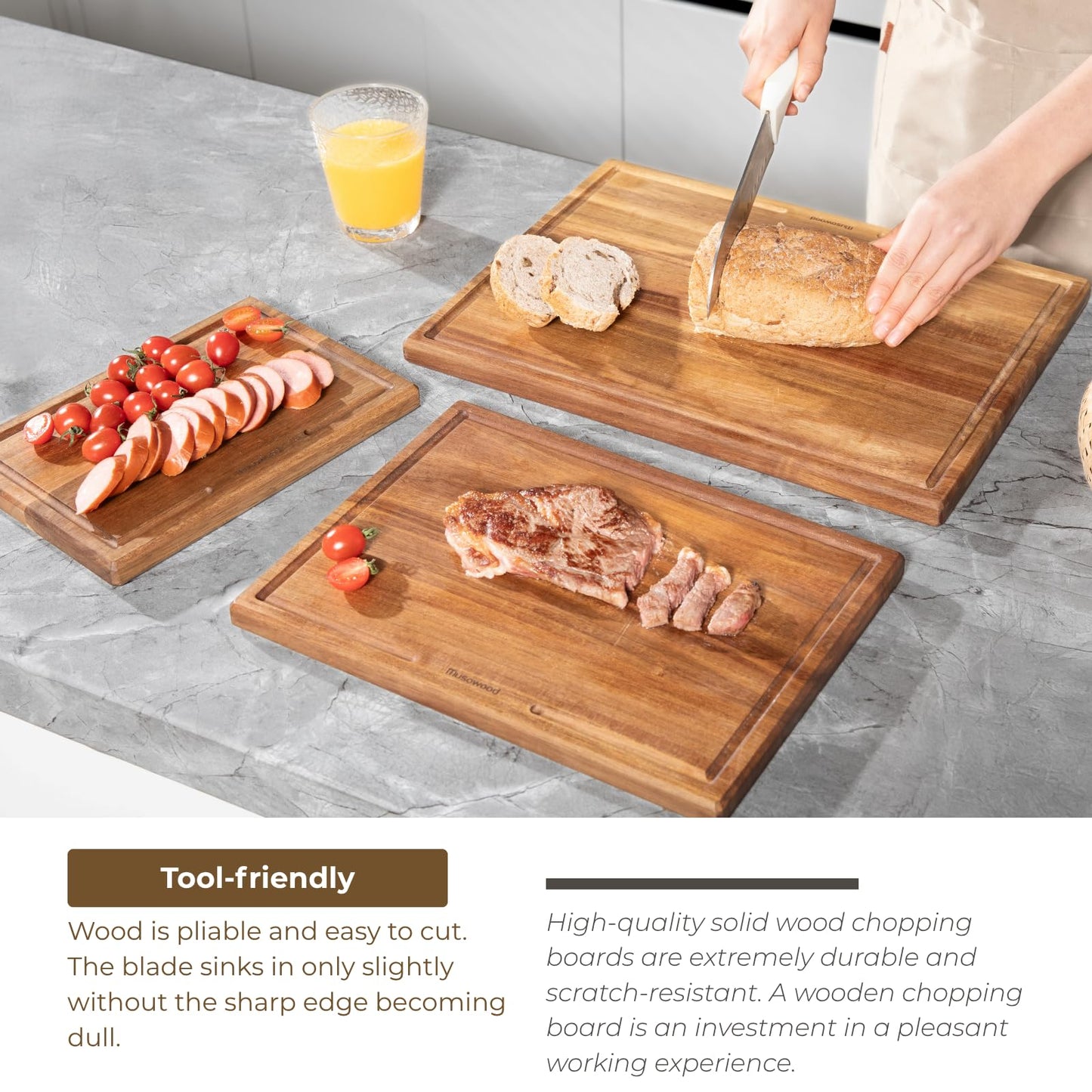 muso wood Solid Wood Cutting Board 3-Piece Set Kitchen Acacia Wood Cutting Board with Stand 0.8-inch Thick Wooden Cutting Board with Juice Groove Ideal for Chopping Vegetables and Serving Food