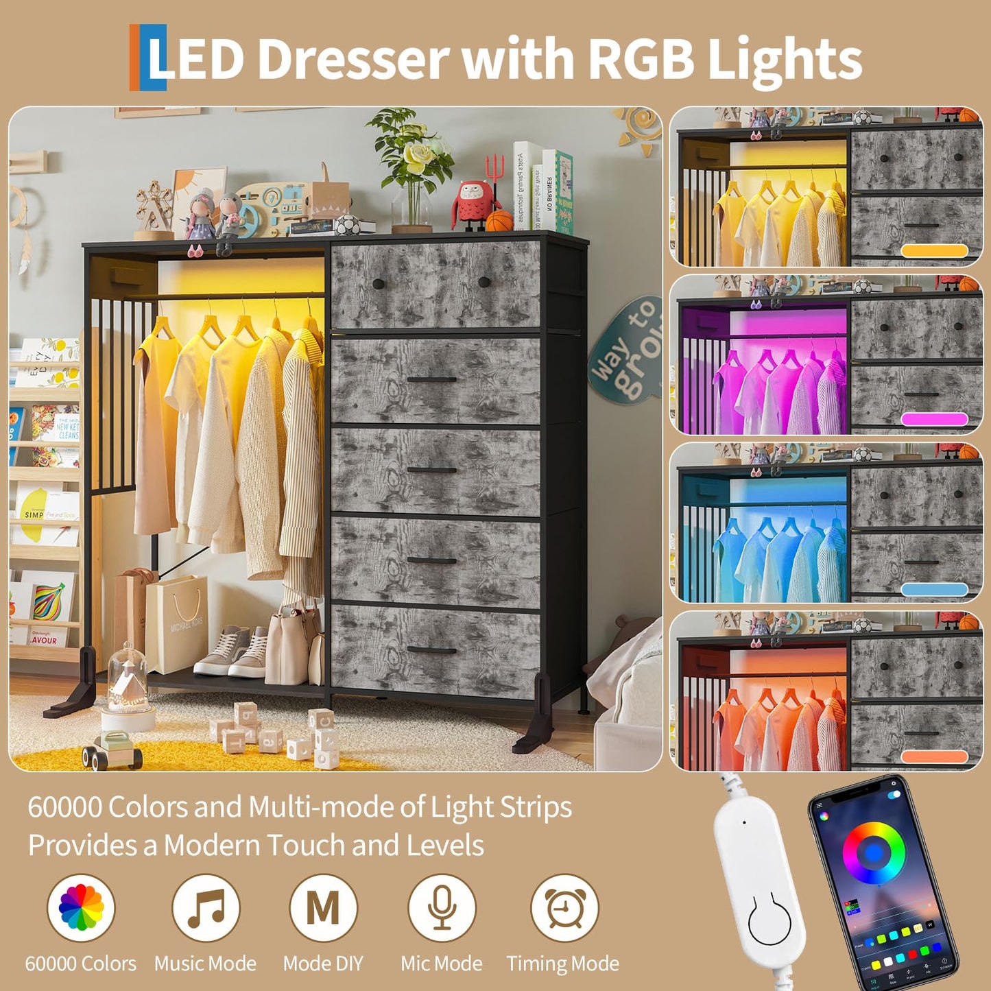 IDEALHOUSE 6 Drawers Dresser for Bedroom with Hanging Rack, LED Lights & Charging Station, Fabric Dressers & Chest of Drawers with Rack, Wooden Top, Grid Panel