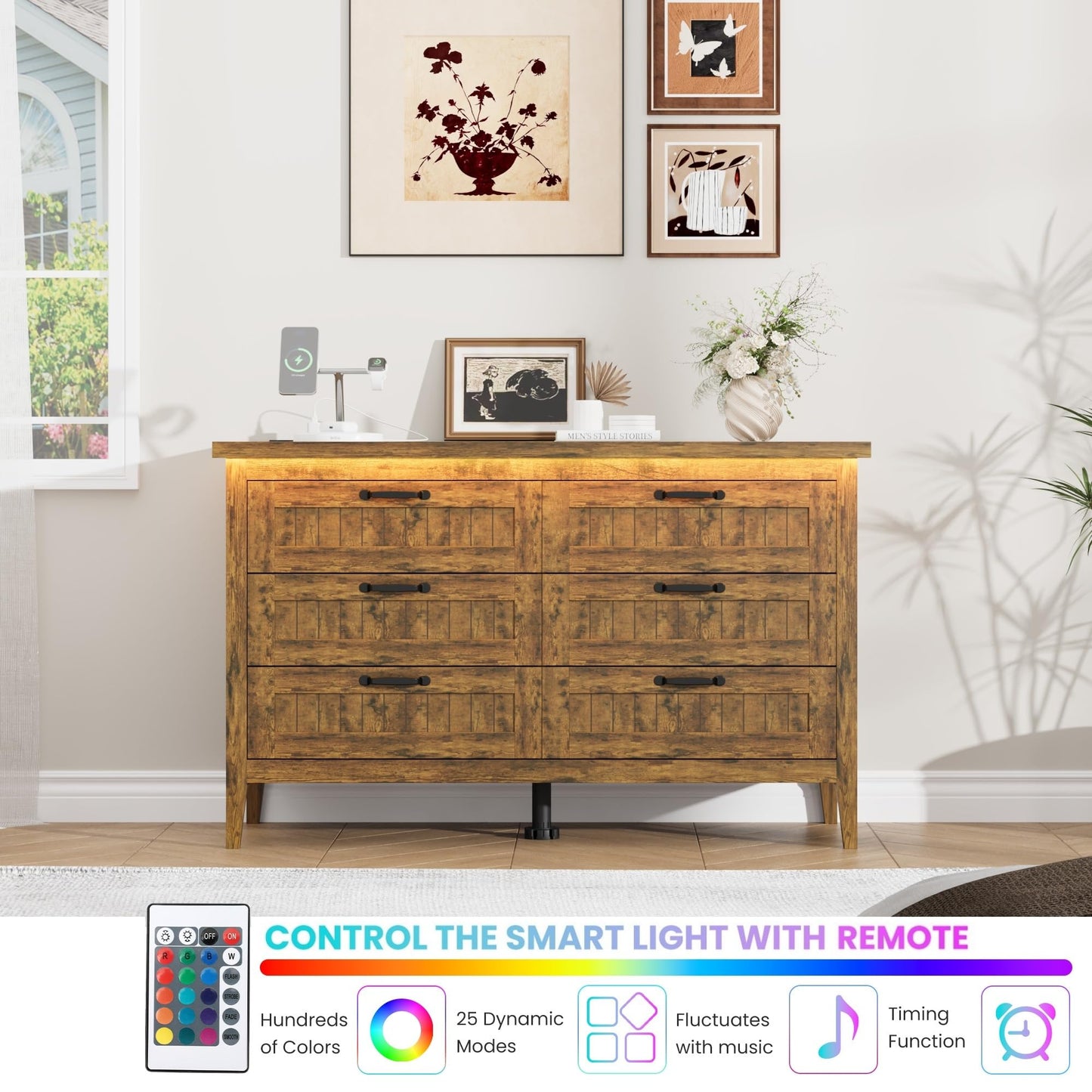 Garvee 6 Drawer Dresser with Power Outlet & LED Lights, Rustic Brown