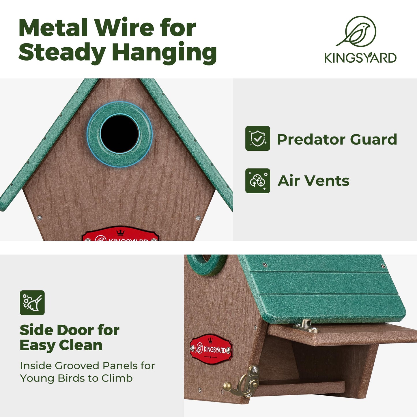 Kingsyard Recycled Plastic Bird House for Outdoors - Hanging Nesting Box with Predator Guard & Air Vents for Wren Finch Chickadee, Green