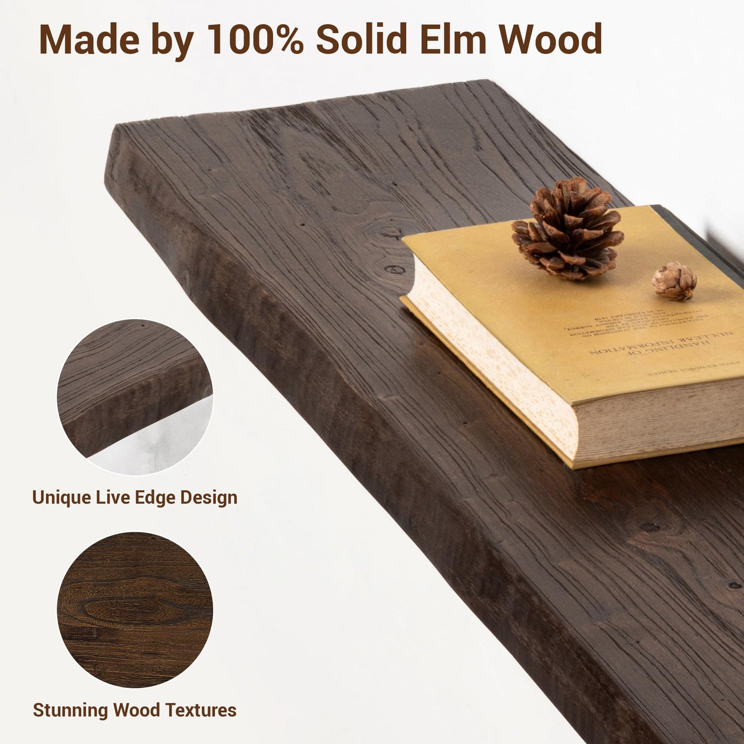 fuqing Solid Elm Wood Floating Shelves for Wall - 36 Inch Wide x 9 Inch Deep Rustic Live Edge Floating Shelves Wall Mounted - Natural Wooden Shelves with Upgraded Heavy Duty Brackets and Anchors