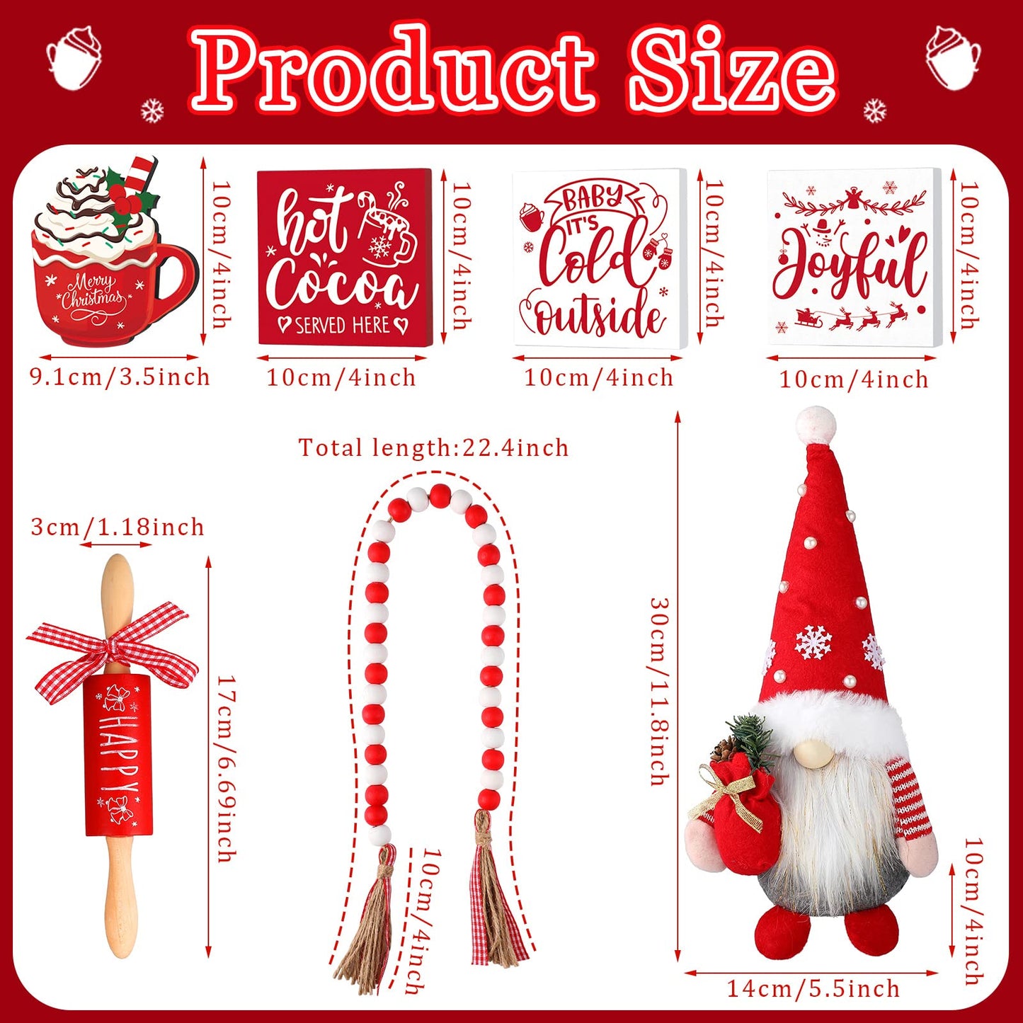 8 Pcs Christmas Tiered Tray Decor Includes 1 Pc Christmas Gnomes Plush Balls 4 Pcs Small Wooden Signs 2 Pcs Decorative Mini Rolling Pins 1pc Wood Holiday Bead Garland for Table Home Kitchen Decor