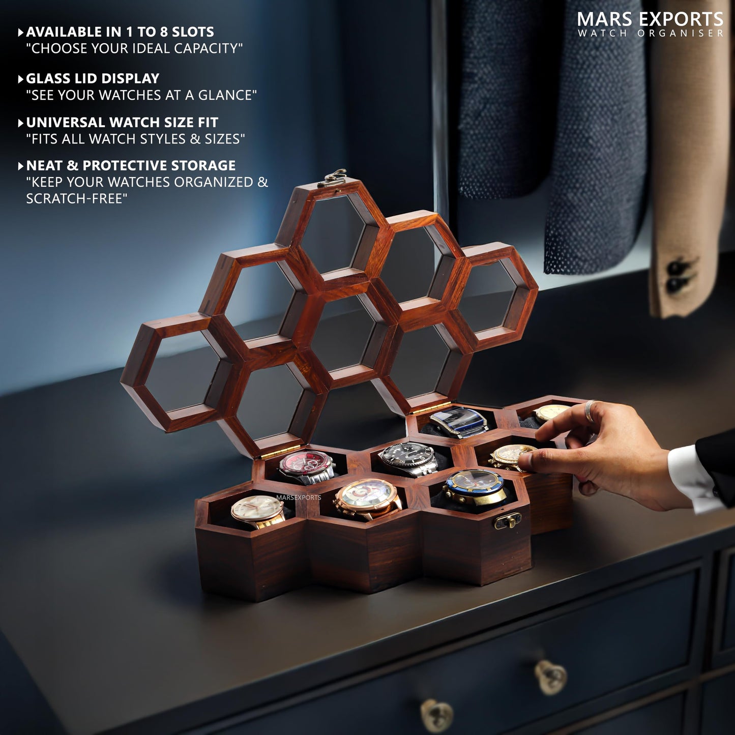 Mars Exports Wooden Watch Organizer Case with Glass Lid | 8 Slot Men’s Watch Storage Box – Dark Rosewood Finish | Elegant Watch Holder for Travel & Gift for Watch Lovers